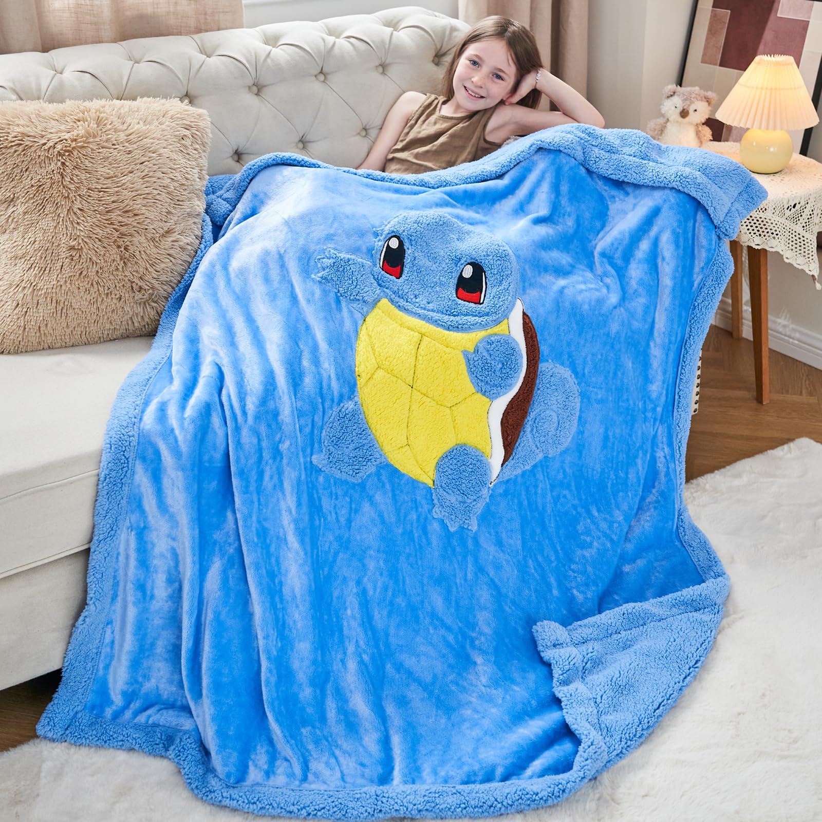 Kids Blanket 3D Cartoon Embroidered Sherpa Blanket Plush Warm for Boys Girls (Blue, (40"X50"))