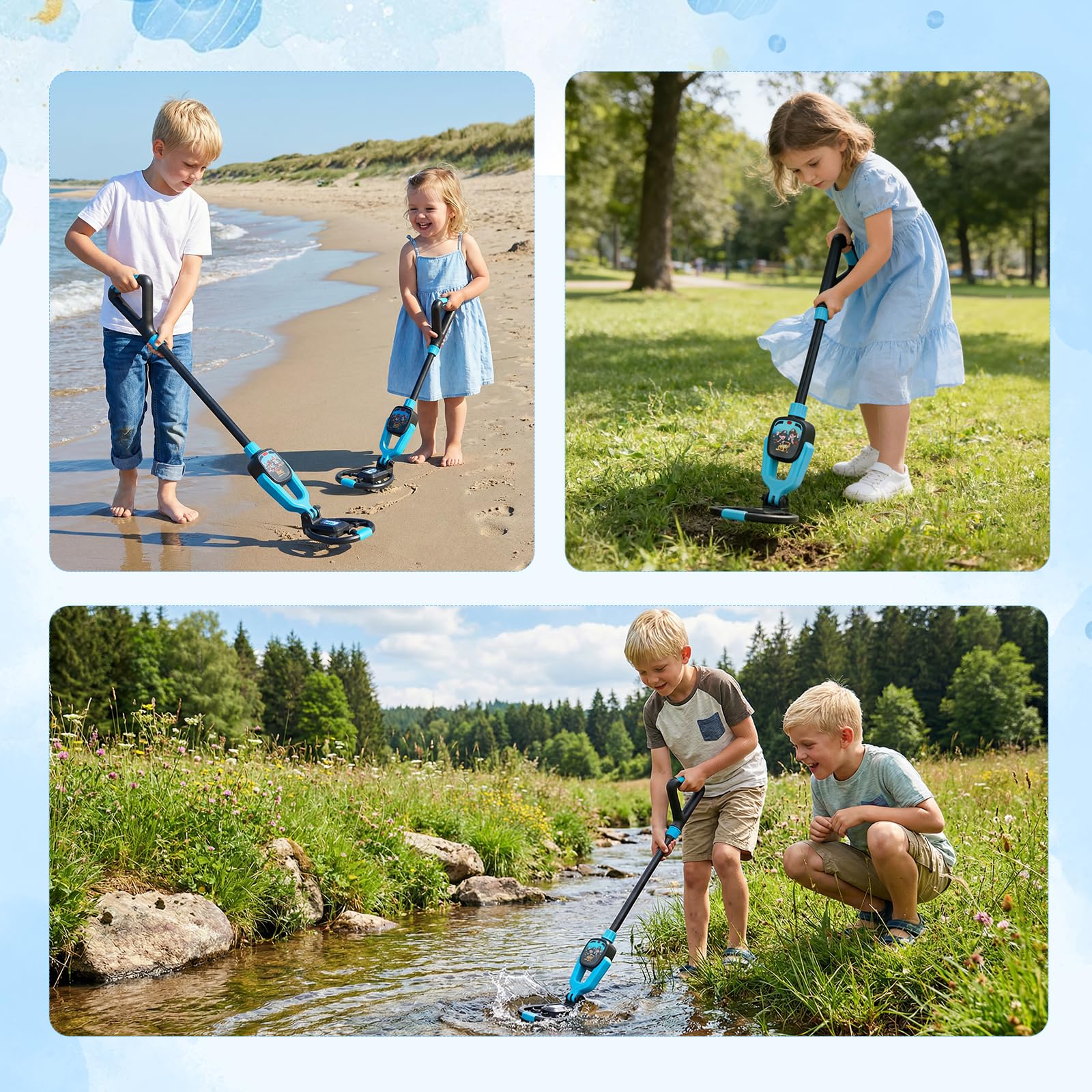 Metal Detector Bambini, Metal Detector per Bambino con Asta Regolabile 72–83 cm, Display LCD, Bobina di Ricerca Impermeabile, Ad Alta Sensibilità Metal Detector per Bambini con Borsa Pala