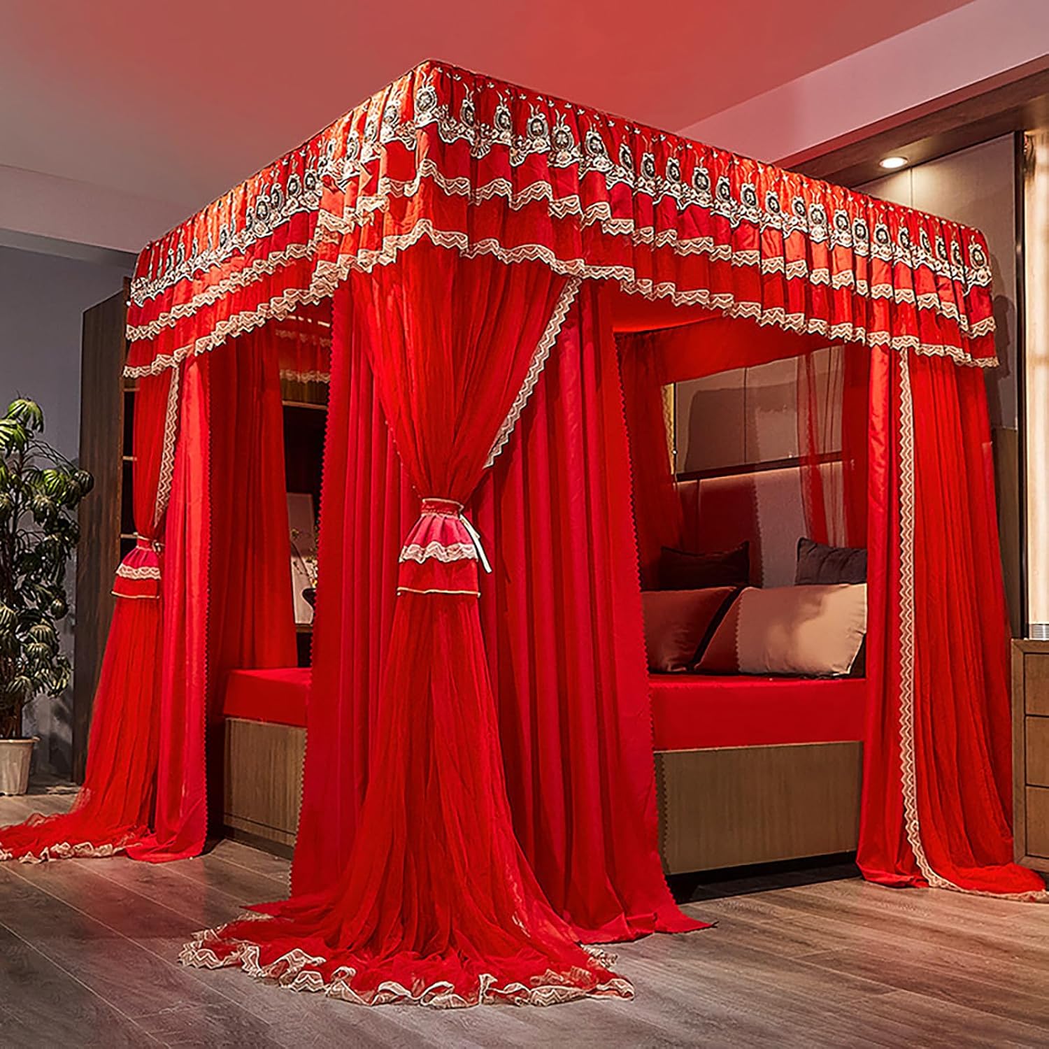 Canopy Bed Curtain, 4 Corners Post Princess Bed Canopy, Double Layer Mosquito Net, Bedroom Decoration Accessories for Full/King/Queen Size Bed,Red,180×220×200cm