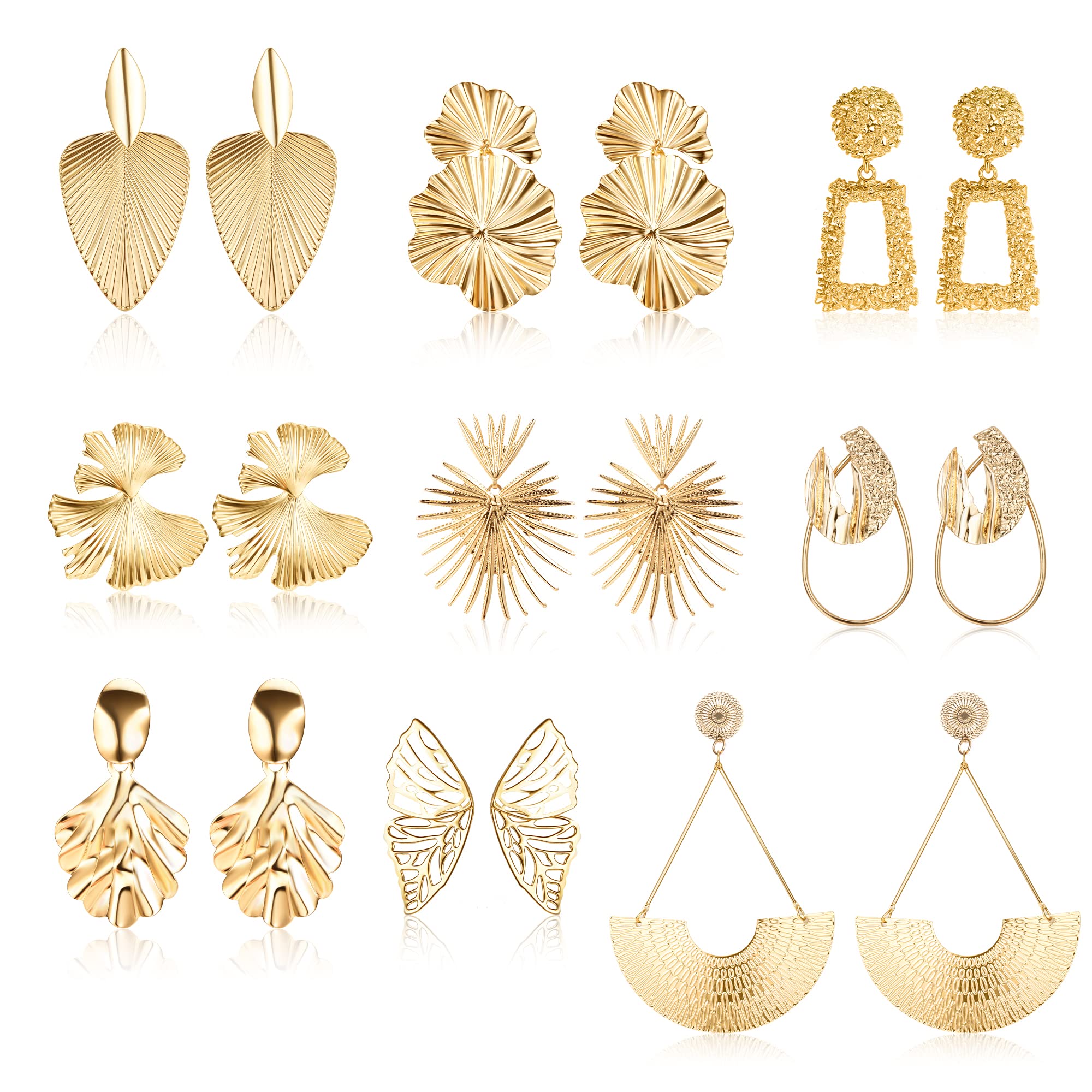 Dochais 9 Pares Pendientes Geométricos Dorados, Pendientes Geométricos Oro Grandes, Pendientes Exagerados, Pendientes Dorados Mujer Boho, Hoja de Ginkgo Pendientes para Mujere