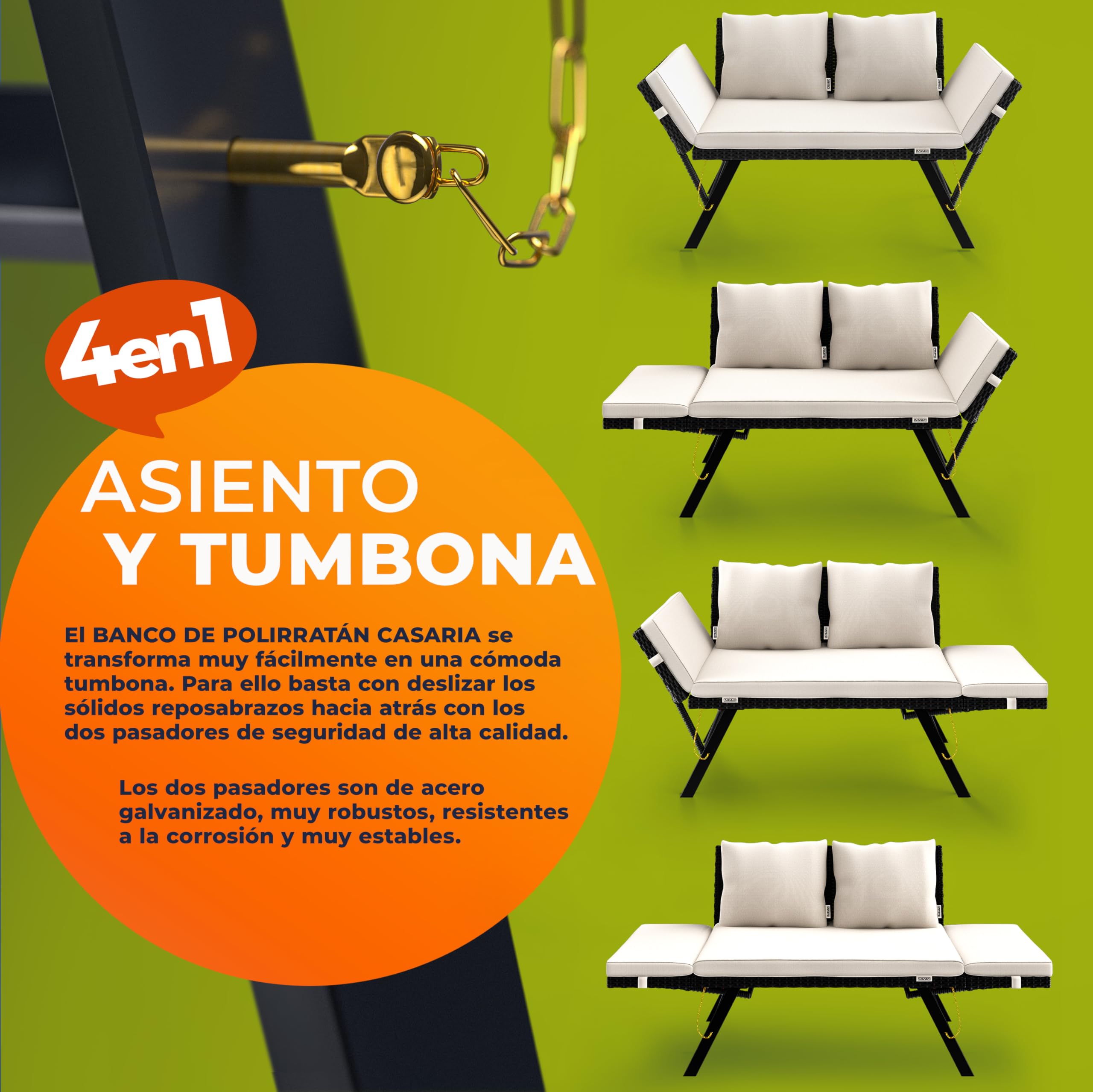 CASARIA® Sofá de Jardín Poliratán 2en1 Reclinable Tumbona Cama Banco Exterior Multifuncional Reposabrazos Ajustables Cojines Intemperie 240Kg Negro