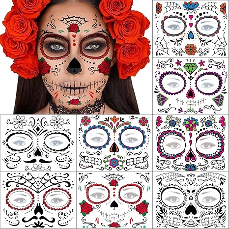 Day of the Dead Face Tattoos - 8 Sheets Halloween Temporary Tattoos Face Stickers Kit Día de Los Muertos Glitter Red Roses Skeleton Sugar Skull Fake Tattoo for Halloween Makeup on Face Body