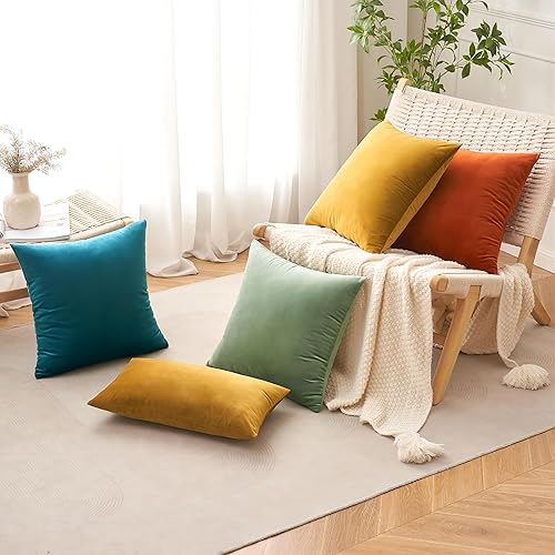 Miniatura 5 de ANRODUO Paquete de 2 fundas de almohada de terciopelo para otoño, color amarillo mostaza, 18 x 18 pulgadas, decorativas, fundas de cojín europeas,