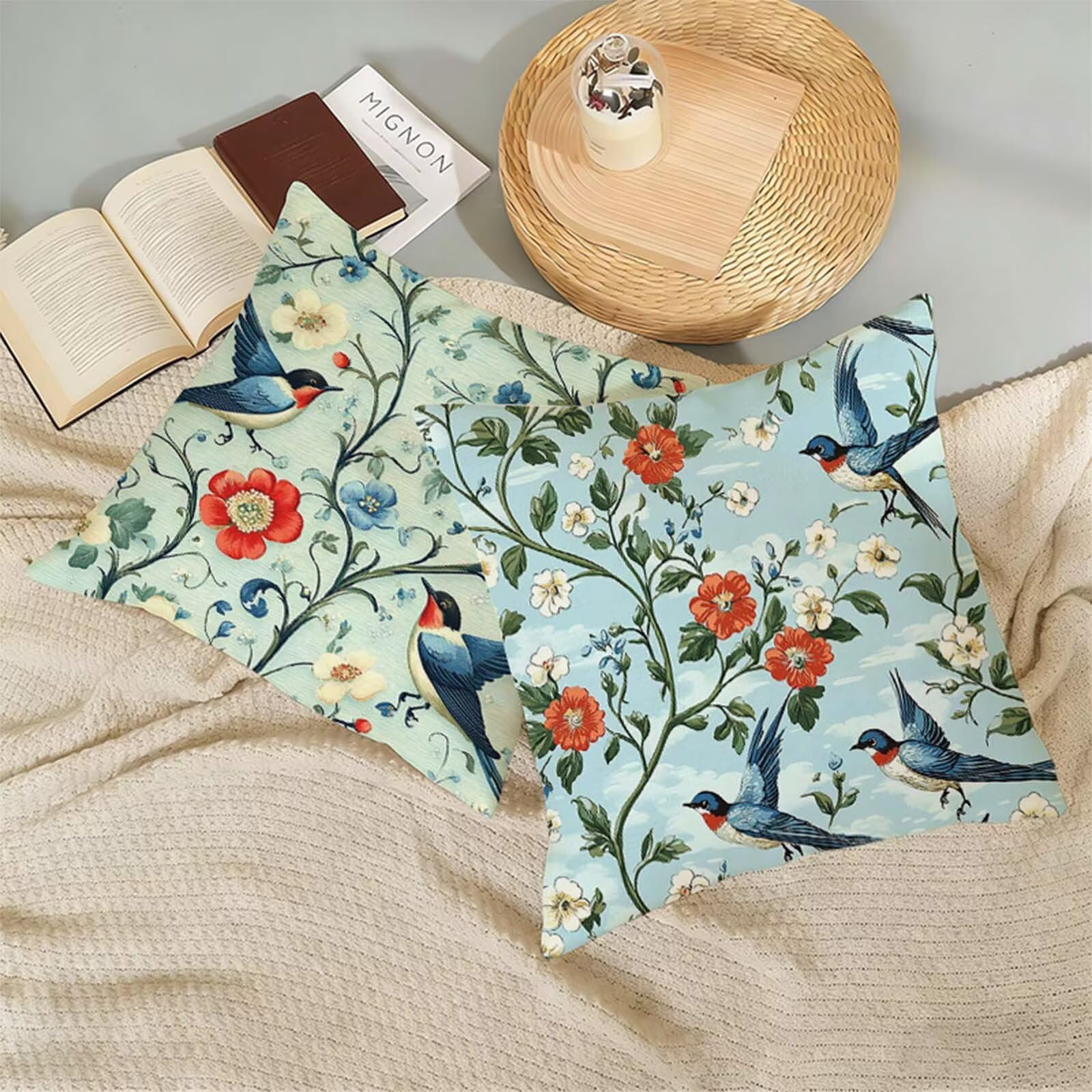 Juego de 2 Funda Cojin 80x80cm Azul, Cuadrada Impermeable Fundas Cojines Pájaro Lino Impresión a Doble Cara con Cremallera Oculta, Apto para Todas las Estaciones Funda Almohada para Sofá o Salón X-341
