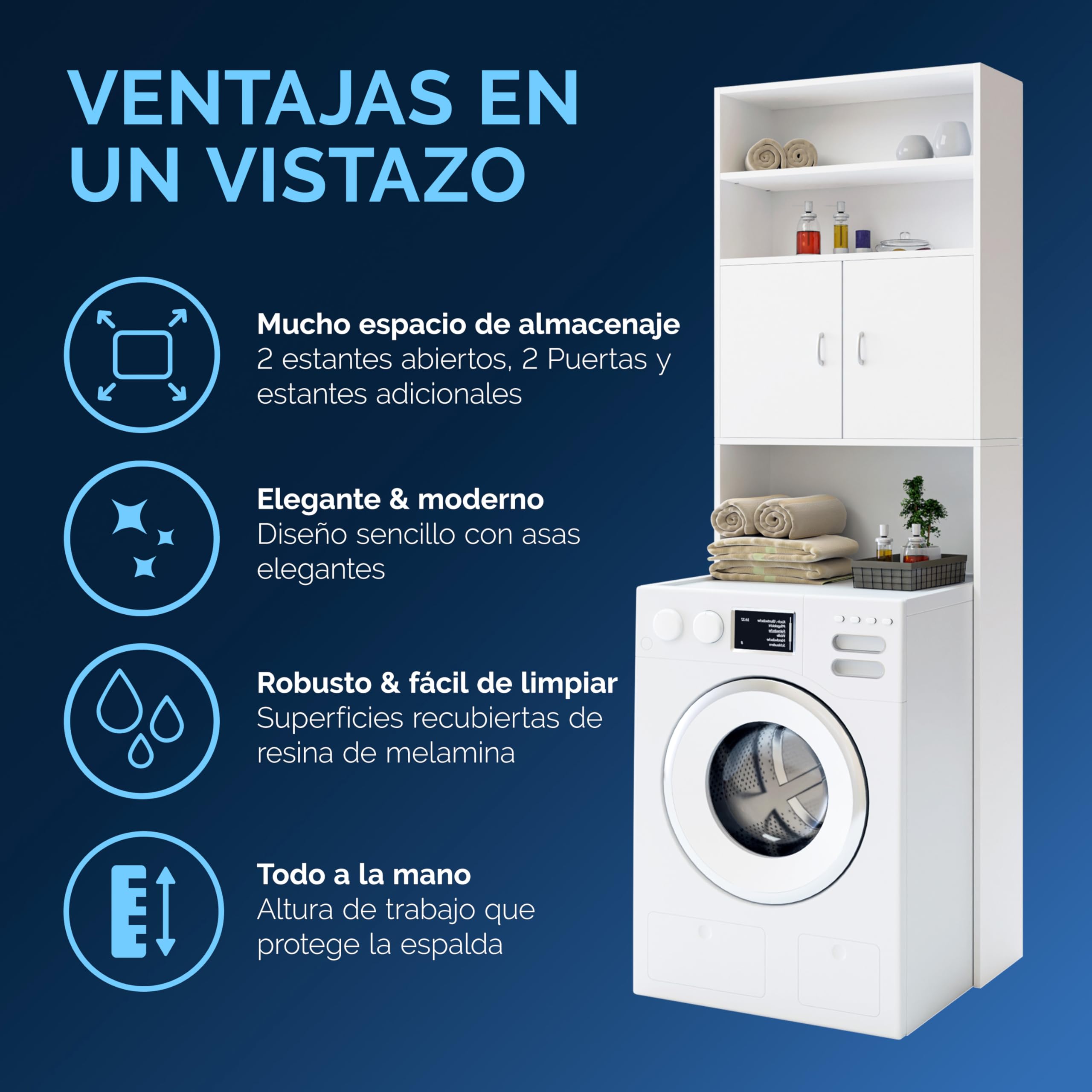 CASARIA® Mueble Alto para Lavadora Secadora, Estanteria Almacenamiento sobre Inodoro, con 2 Estantes, Estanterias Alta de Almacenaje Baño Armario Alto 185x63x20cm