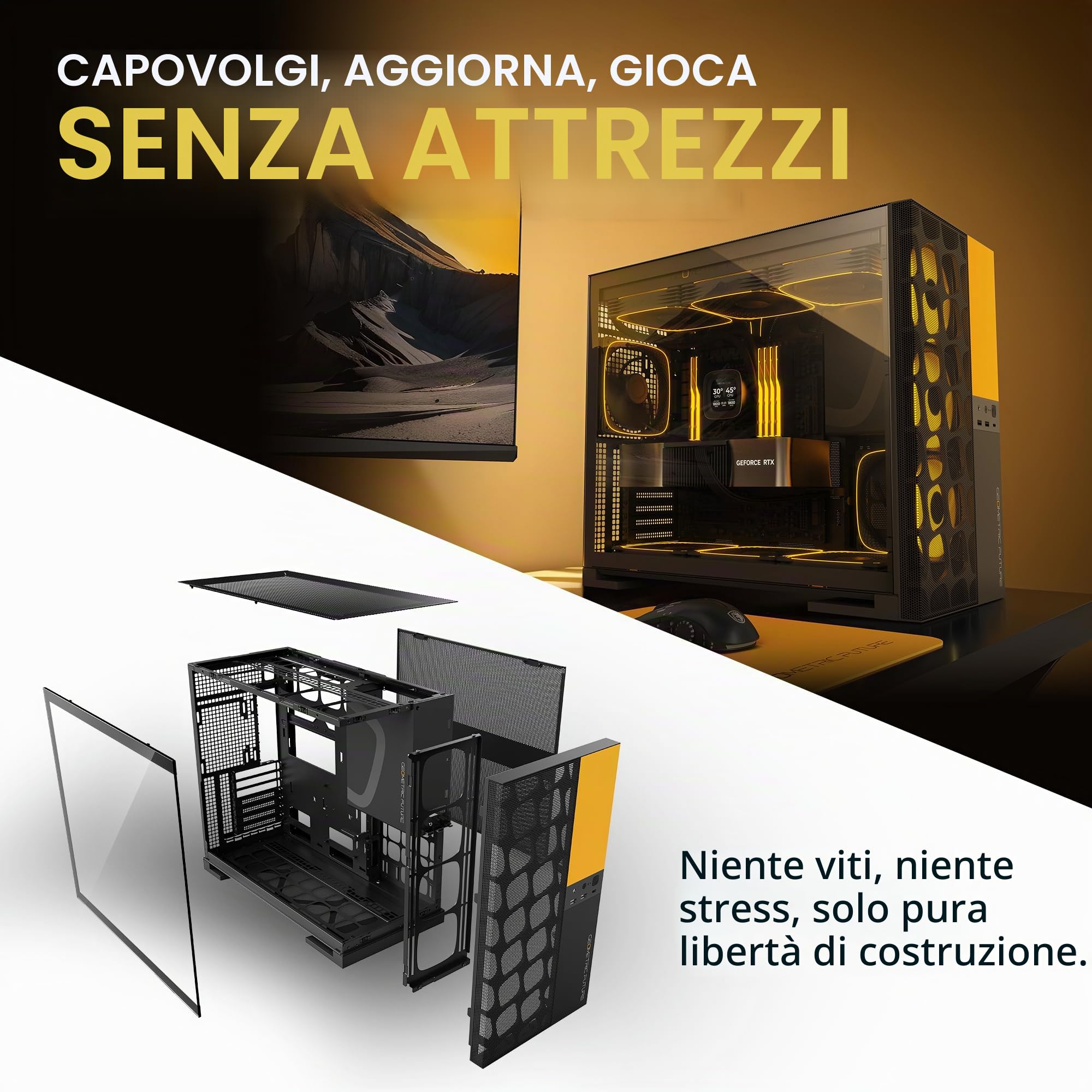 Geometric Future M5 - Case per computer a mezzatorre con pannello frontale in rete a nido d'ape e vetro temperato, E-ATX/ATX per gaming, alto flusso d'aria, in acciaio da 1,2 mm, Tipo C, supporto per