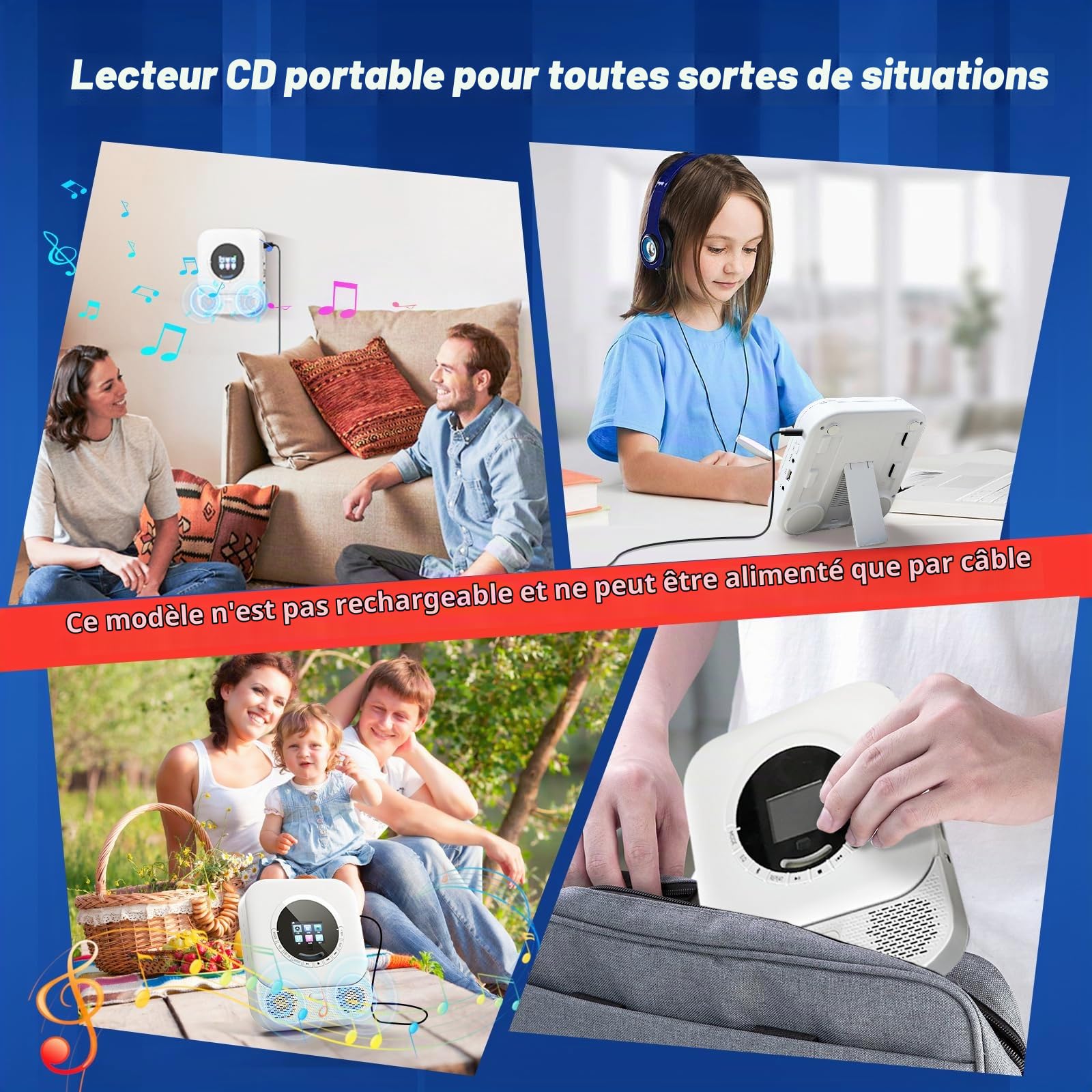 Lecteur CD Portable avec Récepteur et Émetteur Bluetooth, Haut-parleurs HiFi, Écran LED Intégré, Radio FM (White)