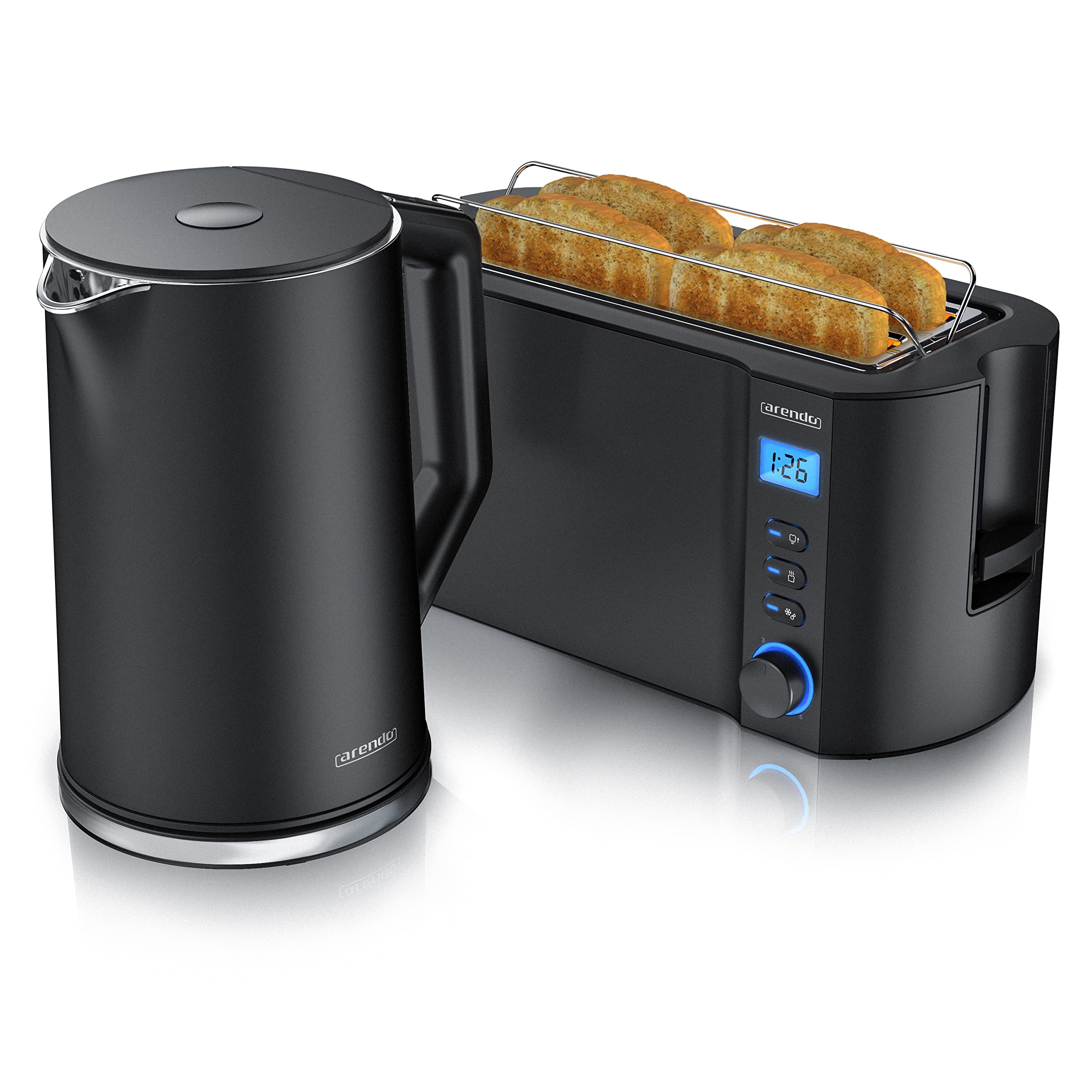 Arendo Wasserkocher Toaster SET Edelstahl Schwarz 1,5L 40-100°C Warmhaltefunktion 4 Scheiben LED-Display 6 Bräunungsgrade