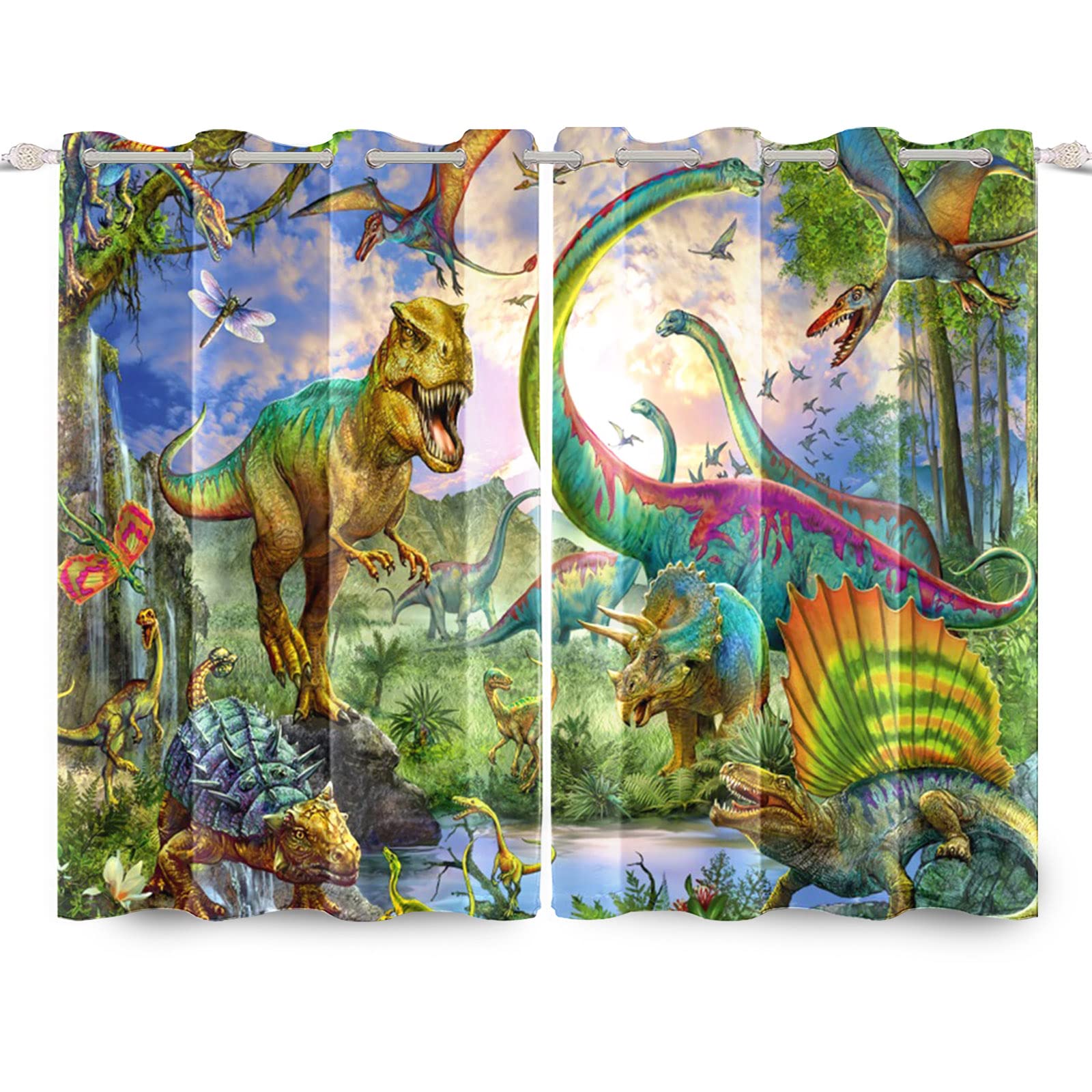 SDOTPMT 117x183cm Dinosaur Window Curtains Ancient Wild Animal Grass Forest Window Drapes Wildlife Natural Scenery Window Treatment for Child Living Room Bedroom Decor Blackout Curtains - Image 3
