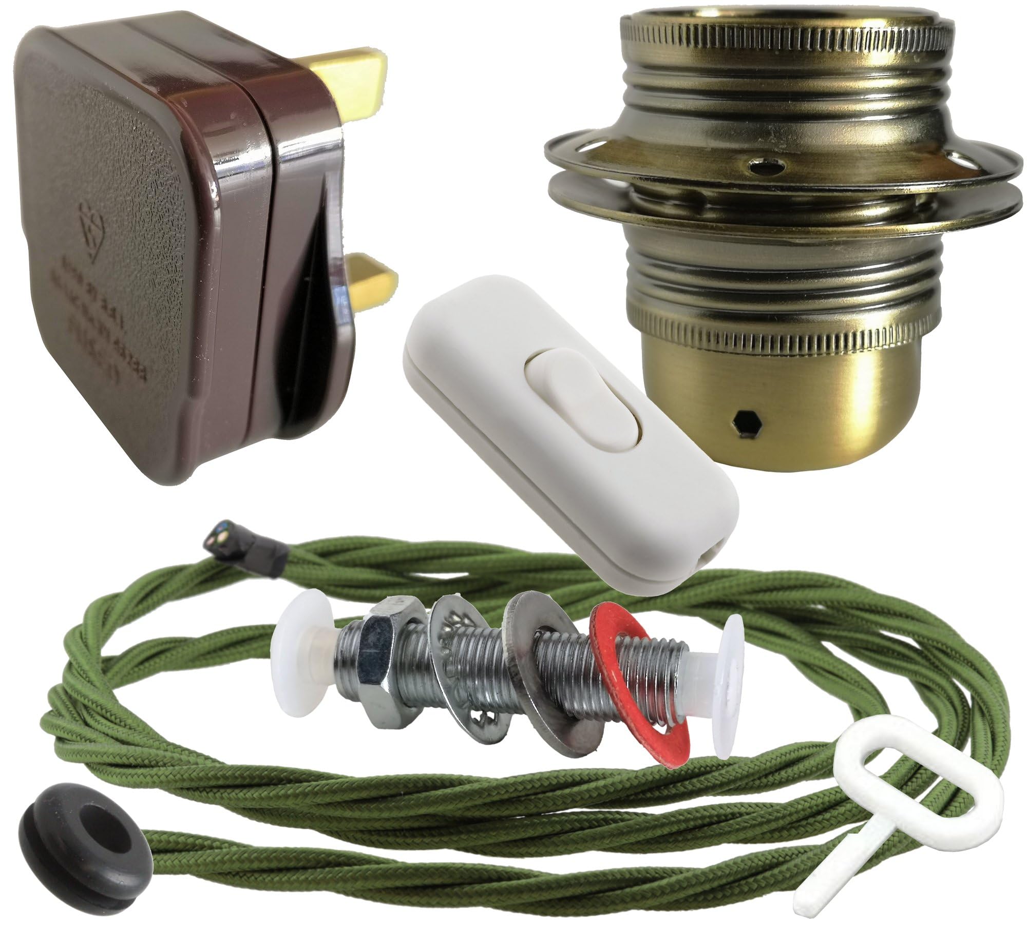 Art Deco Emporium Lamp Repair and Service Kit|Brown Plug|Green Flex|White Switch|E27 Antique Brass Finish Lamp Holder Holder