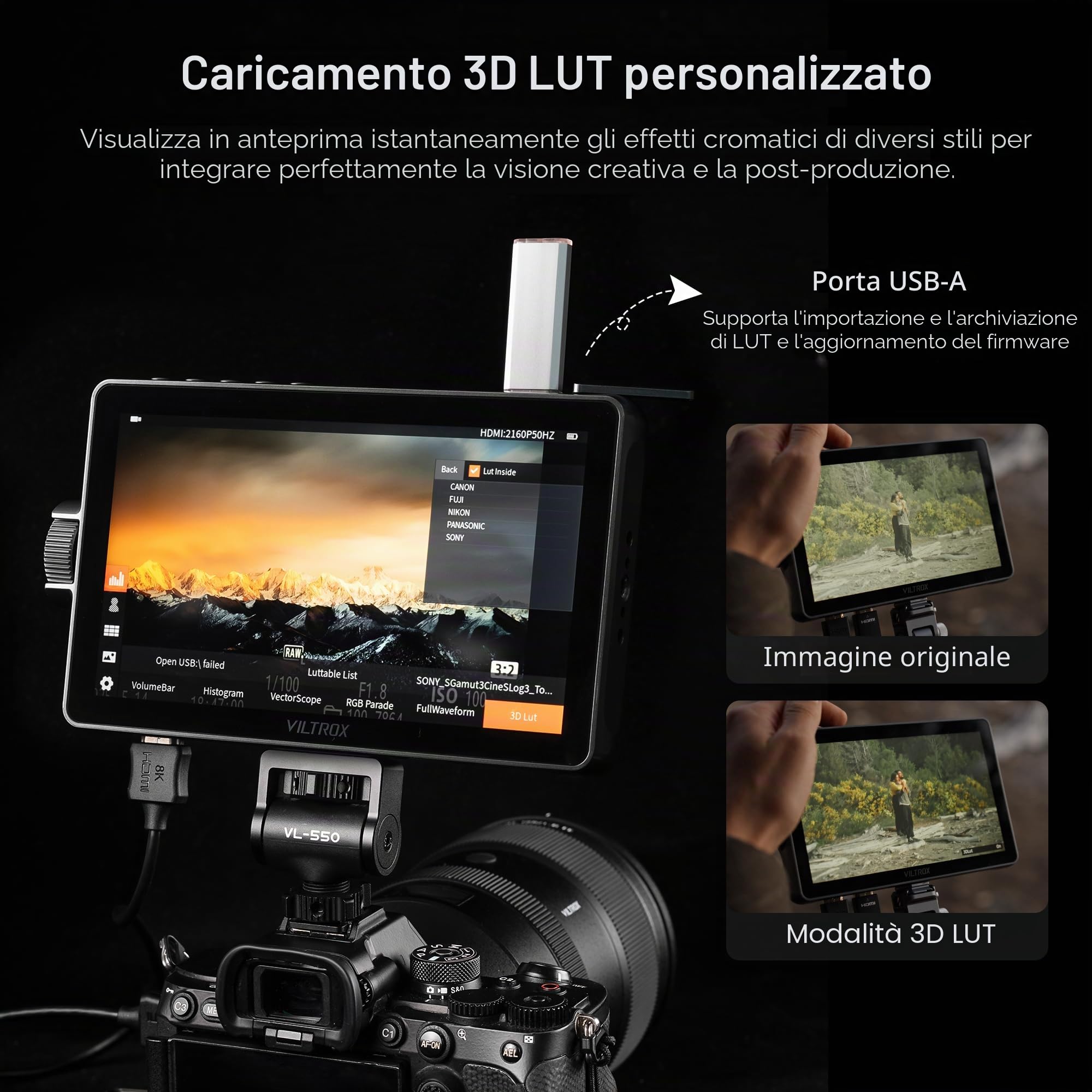 VILTROX DC-A1 2800 Nits Camera Field Monitor Touchscreen con 7 pollici Full HD 1920x1080 IPS 4K HDMI Loop in/Out, LUT 3D Forma d'onda Video Peaking Focus Assist, 170 ° Ampio Angolo di Visione