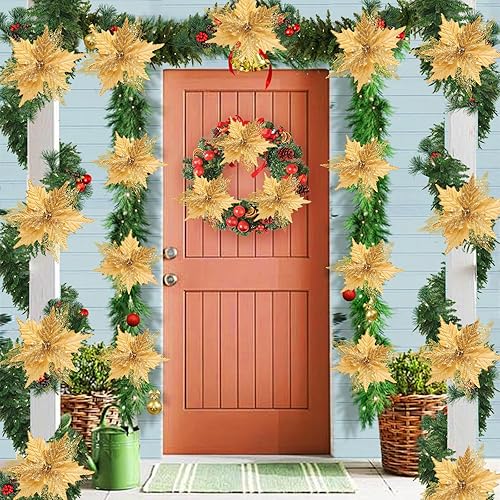 Miniatura 7 de Flores de Pascua de Navidad con purpurina de 10'' de stadeco, 10 unidades, adornos de árbol de Navidad con flores artificiales con tallos largos