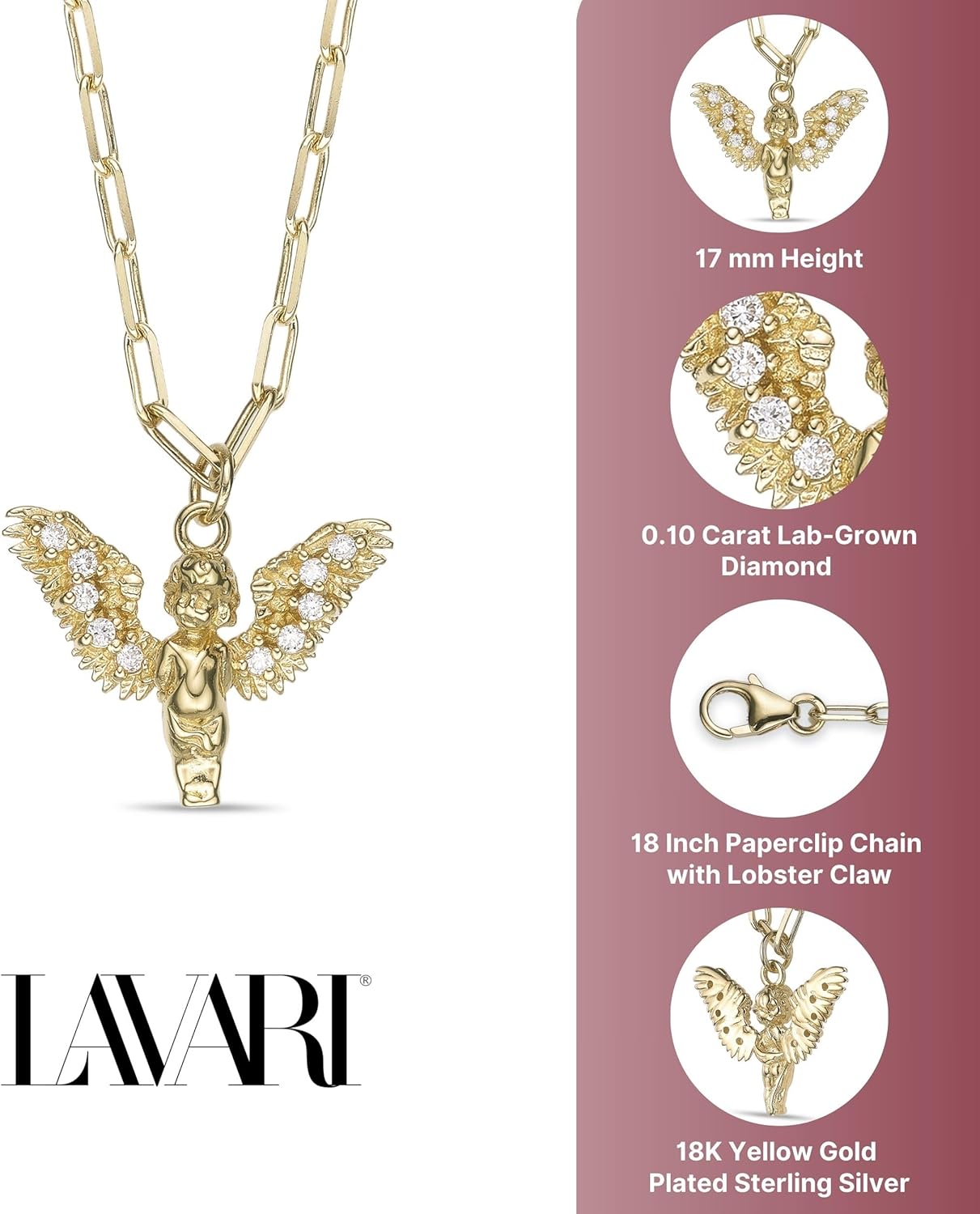 Lavari Jewelers 1/10 Carat Lab Grown Diamond Angel Pendant for Women I 925 Sterling Silver w 18k Yellow Gold Plating Pendant Necklace for Her I 18 Inch Paperclip Link Chain with Lobster Claw Clasp - Image 5