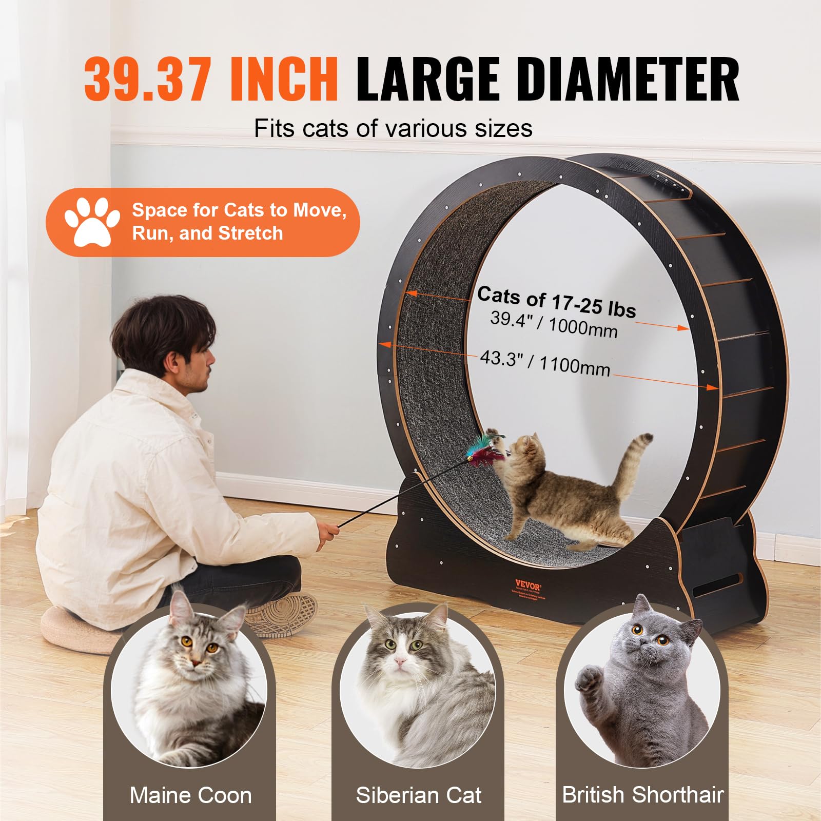 VEVOR Wooden Cat Exercise Wheel, 43.3" Large Cat Treadmill Wheel for Indoor Cats, Cat Running Wheel with Detachable Carpet & Cat Teaser for Running/Walking/Training, Suitable for Most Cats Black view 4