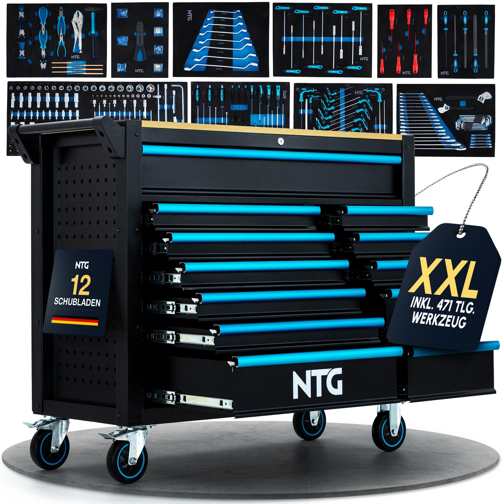 NTG Carro de herramientas XXL – 471 piezas incluidas – 12 cajones con tablero de trabajo de madera, con llave, móvil sobre ruedas – Gabinete profesional de metal para garaje y taller