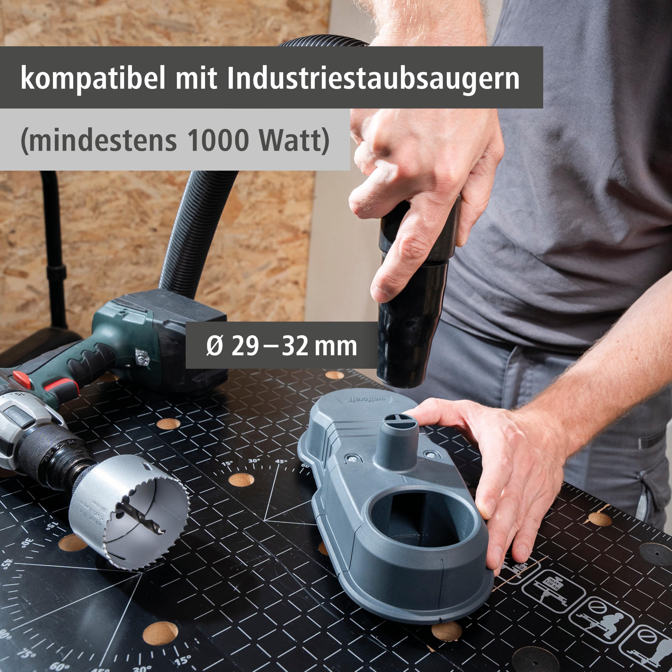 wolfcraft Staubabsaugung HSD 68/100 - Staubfrei Bohren mit Lochsäge & Bohrer - 3-teiliges Absaugsystem Ø 68/100 mm für Wand, Decke & Beton - 5954000