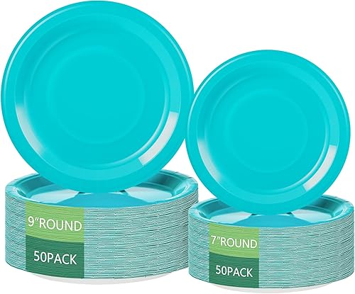 Miniatura 1 de Birthdayparties Platos redondos desechables de papel azul canal, platos de papel de cena de 50 x 9 pulgadas y platos de papel de postre de 50 x 7