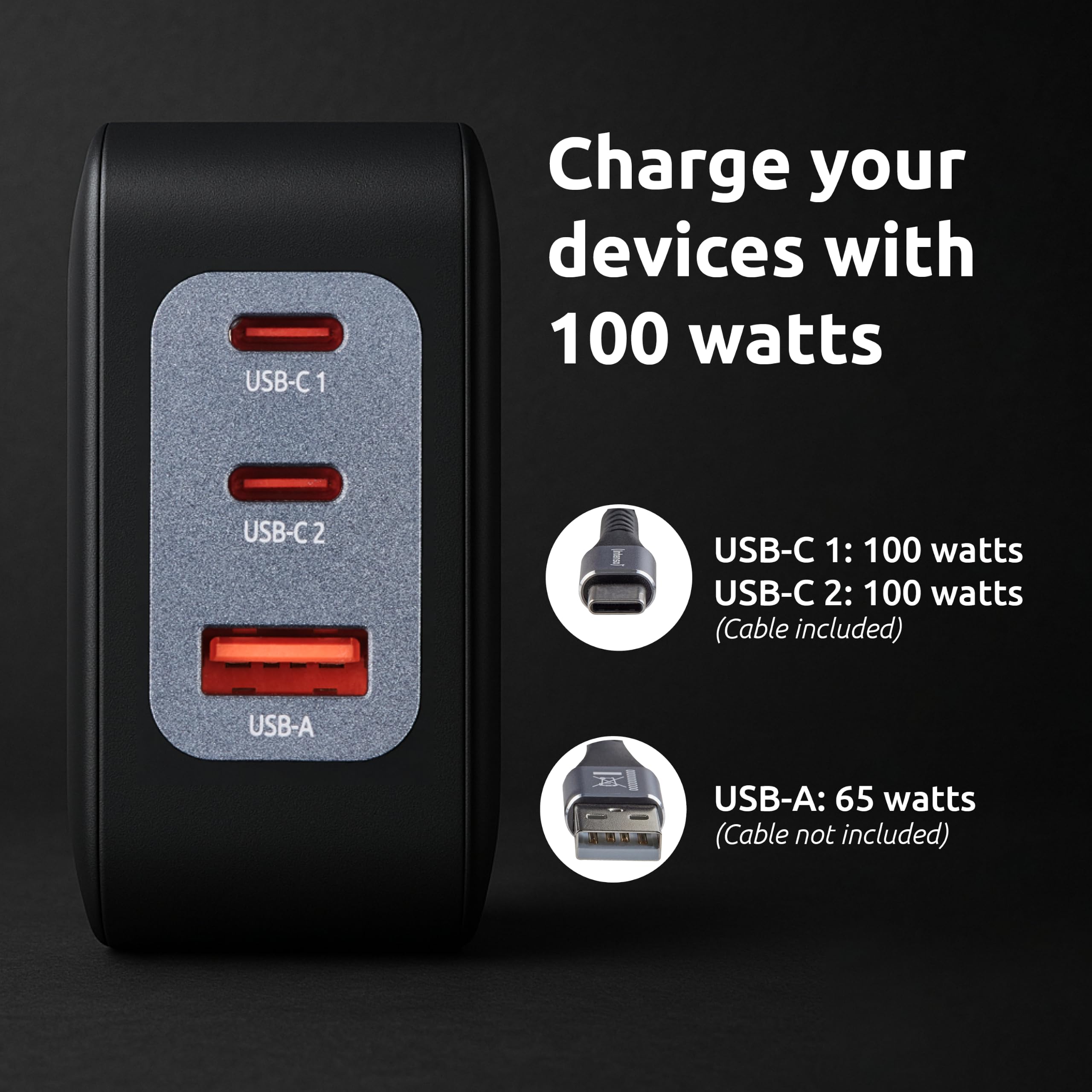 Intenso Power Adapter W100ACC GaN + C520C, 2 x USB-A, alimentatore di rete fino a 100 W, ricarica rapida (PD 3.1, PPS e QC 4.0) + USB-C a C dati + cavo di ricarica per iPhone, Samsung Galaxy, colore