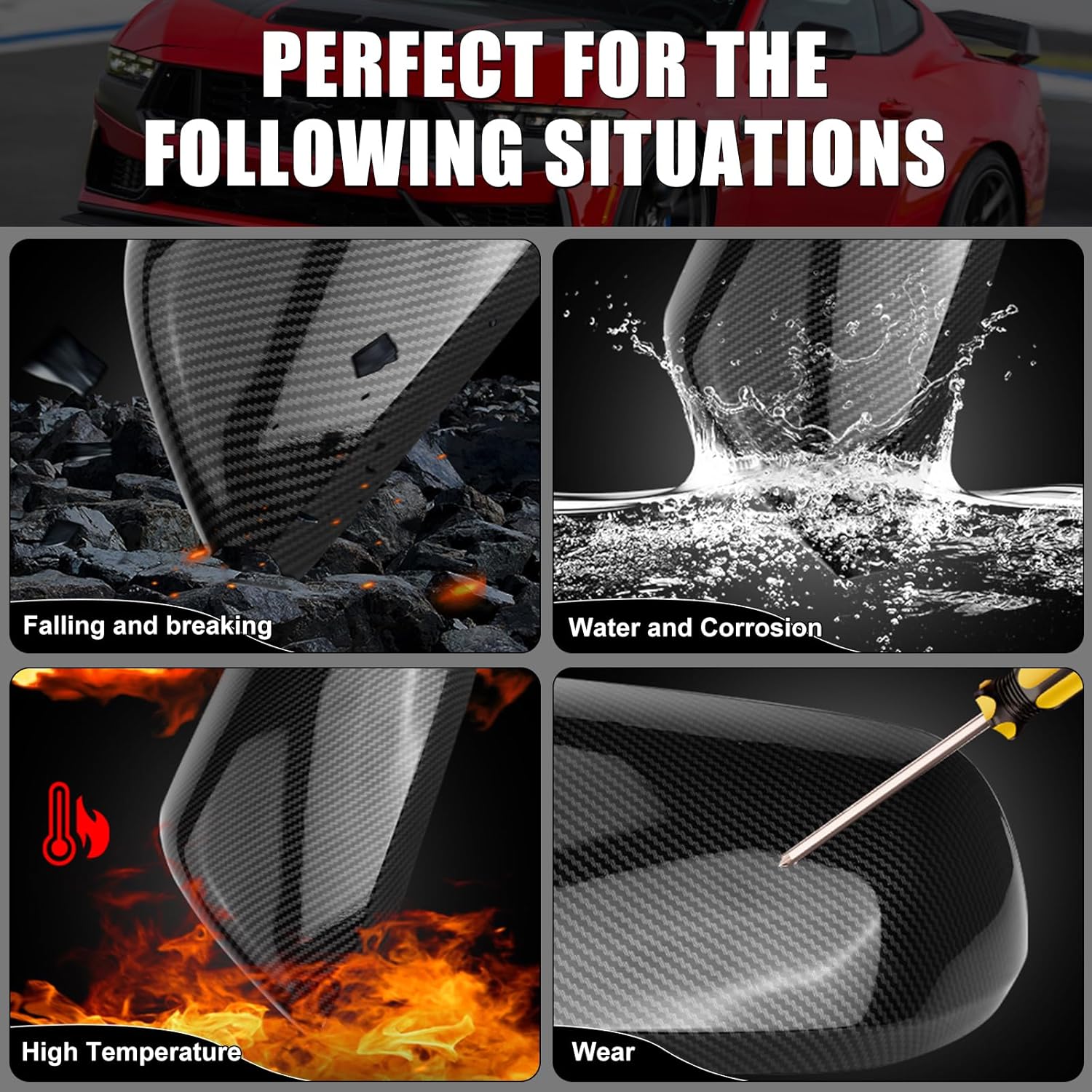 Carbon Fiber Direct Replacement Mirror Covers Caps for 2015-2024 Ford Mustang (Without Turn Signal Light model), Directly Replace Style, Not Sticker Style, OEM Number: FR3Z-17D742-AAPTM (Carbon Fiber)