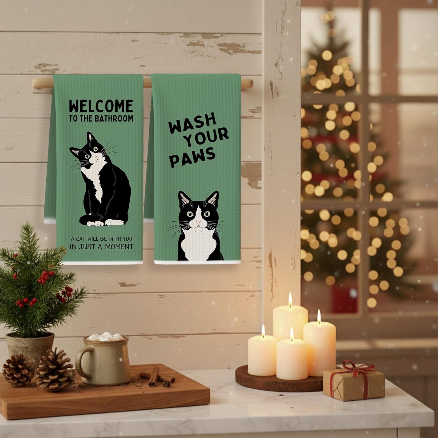 Retro Green Tuxedo Cat Bathroom Hand Towels, Cat Bathroom Decor, Black and White Kitty Kitten Hand Towels for Washroom Restroom, 16x24 Inches Set of 2 - Image 3
