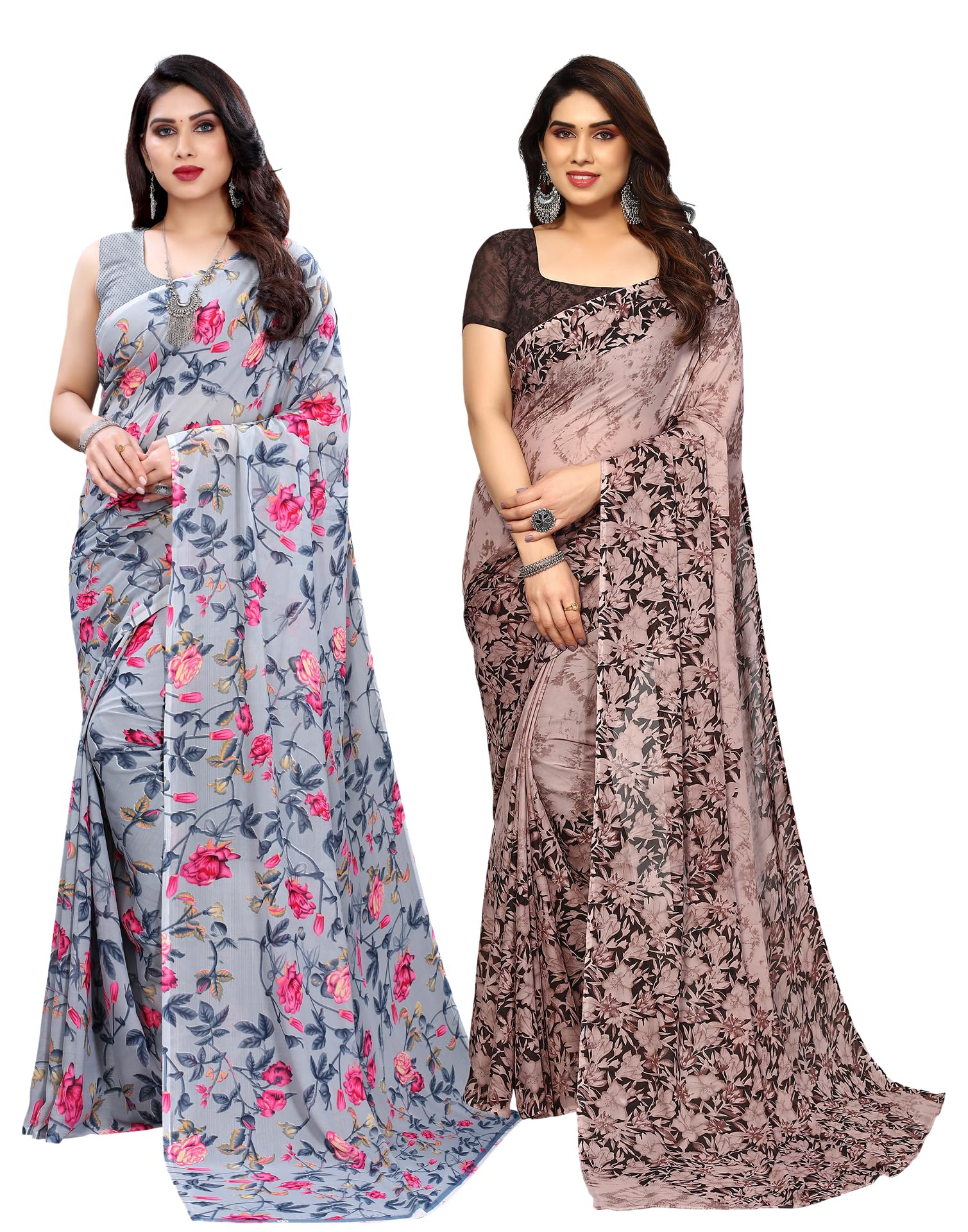 SIRILWomen's Georgette Printed Saree With Unstitched Blouse Piece Combo Pack Of 2