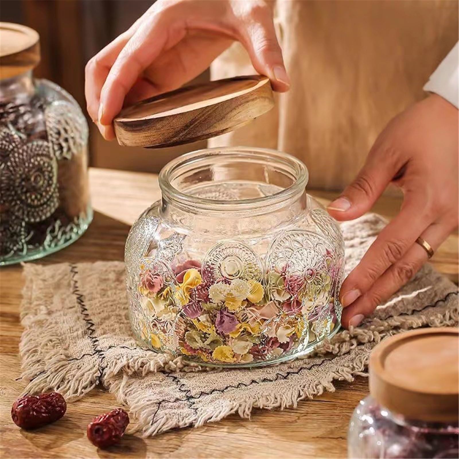 Barattoli Vetro con Coperchio Barattoli in vetro for alimenti, 2 pezzi, con coperchi in legno di acacia, contenitori in vetro trasparente sigillati ermeticamente, for chicchi di caffè, noci, foglie sf