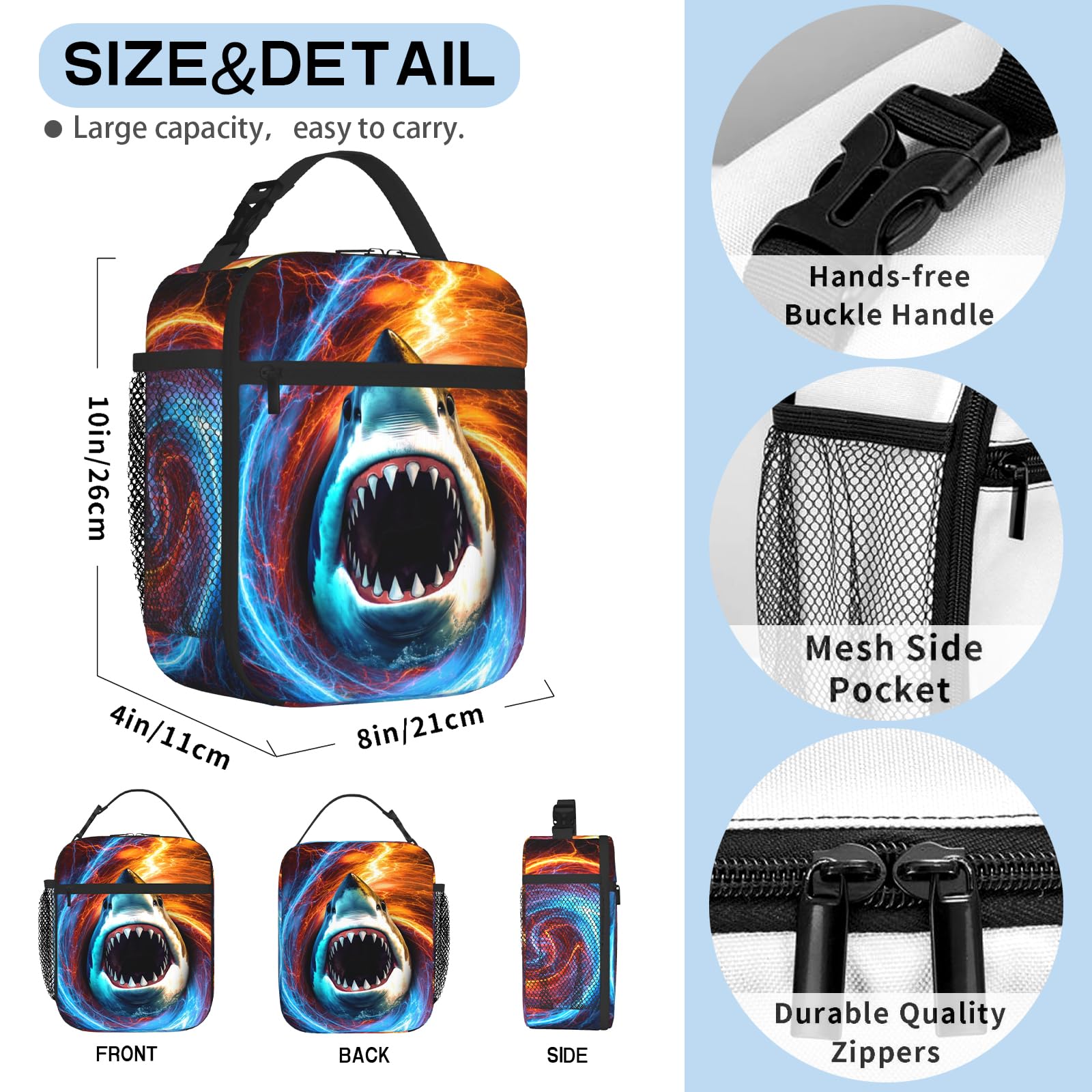 Lonchera con forma de tiburón para niños y niñas, reutilizable, aislada, impermeable, a prueba de fugas, portátil, para niños, adultos, picnic, trabajo, senderismo, playa, viajes, camping