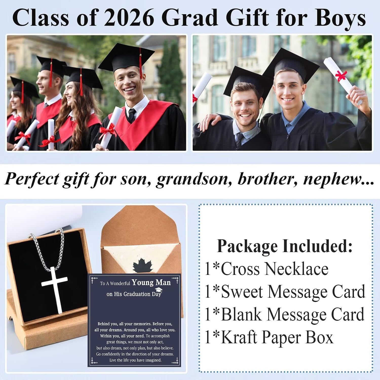 Class of 2026 Graduation Gifts for Boys 5th, 6th, 8th Grad Gifts Cross Necklaces Christian Jewelry for Son, Grandson, Man, Boyfriend image 4