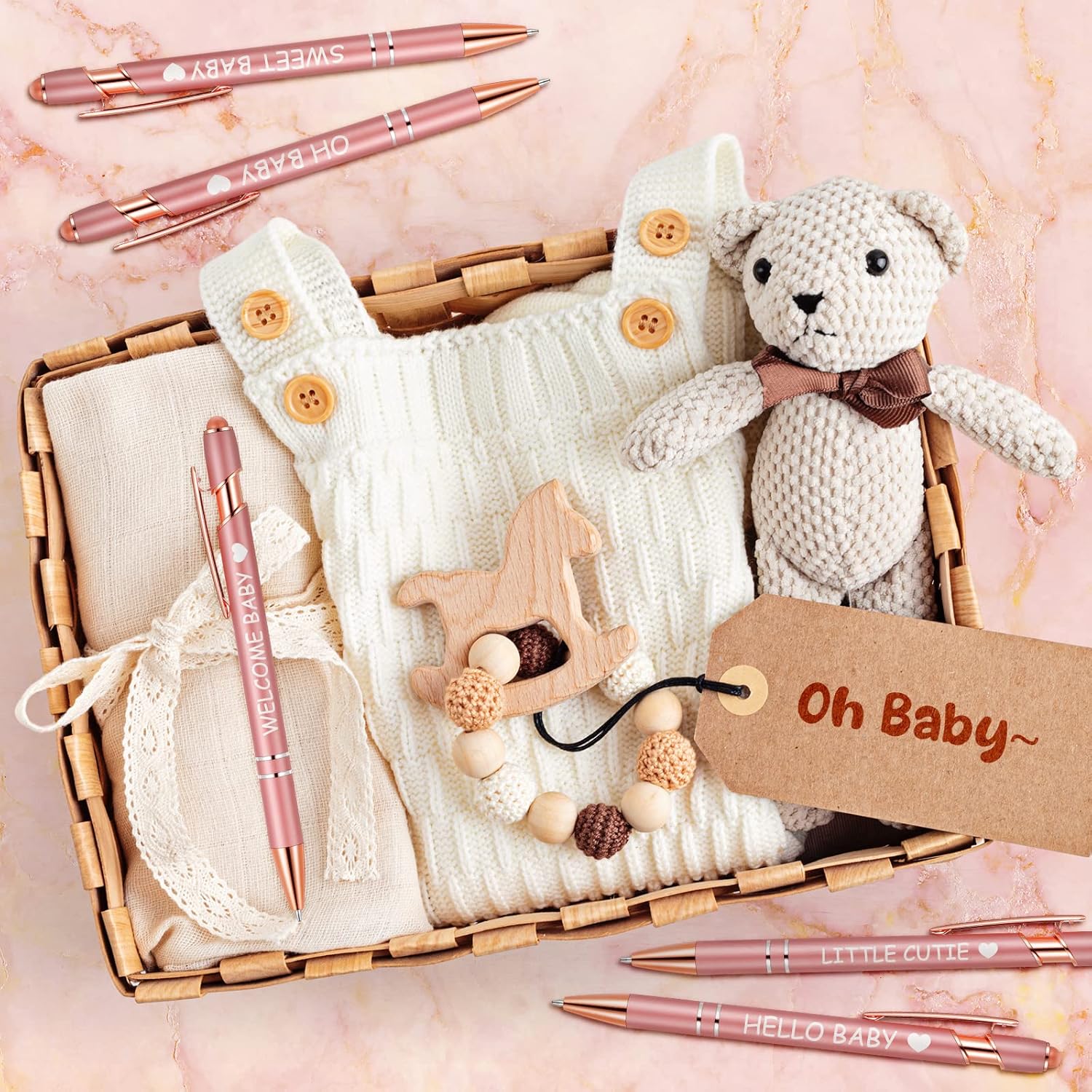 PerKoop 30 Pcs Baby Shower Pens Favors Bulk Rose Gold Ballpoint Pen Retractable Gel Ink Pens 2 In 1 Metal Pen For Guests Gifts Party Games Decors Writing Journaling Supplies