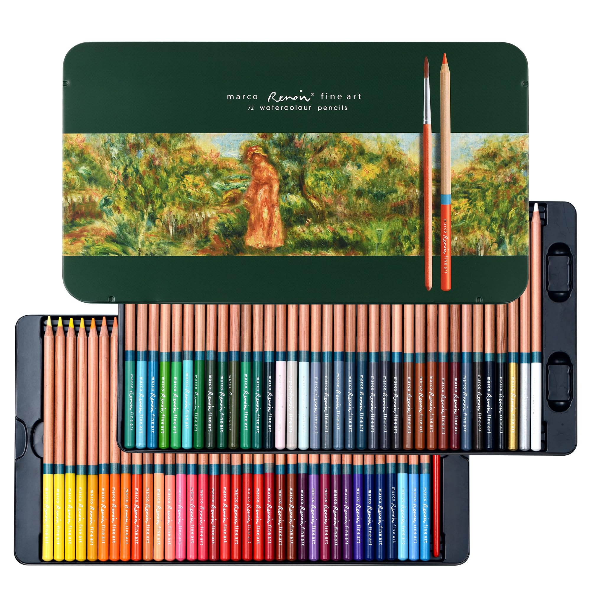 MARCO Premium Pastelli acquerellabili - 72 colori, massima qualità, pennello incluso, ideale per studenti d'arte sopra i 14 anni e professionisti, regalo in latta di ferro - Serie 3120