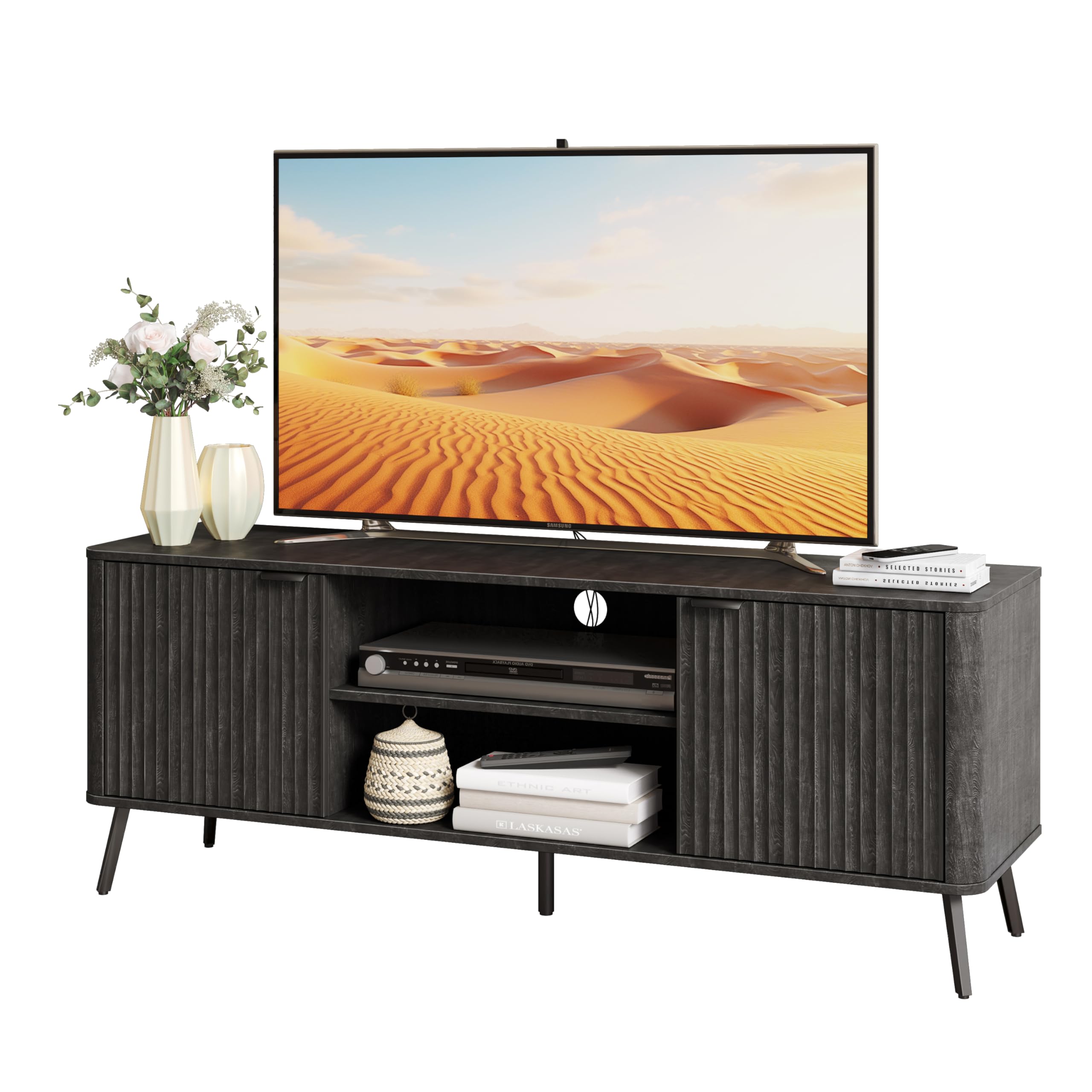 TV Stand, 58" Modern Media TV Console Table with Storage for 55/60/65 inch TV, Mid Century Entertainment Center with Fluted Door Cabinets and Open Shelves TV Cabinet for Living Room, Bedroom