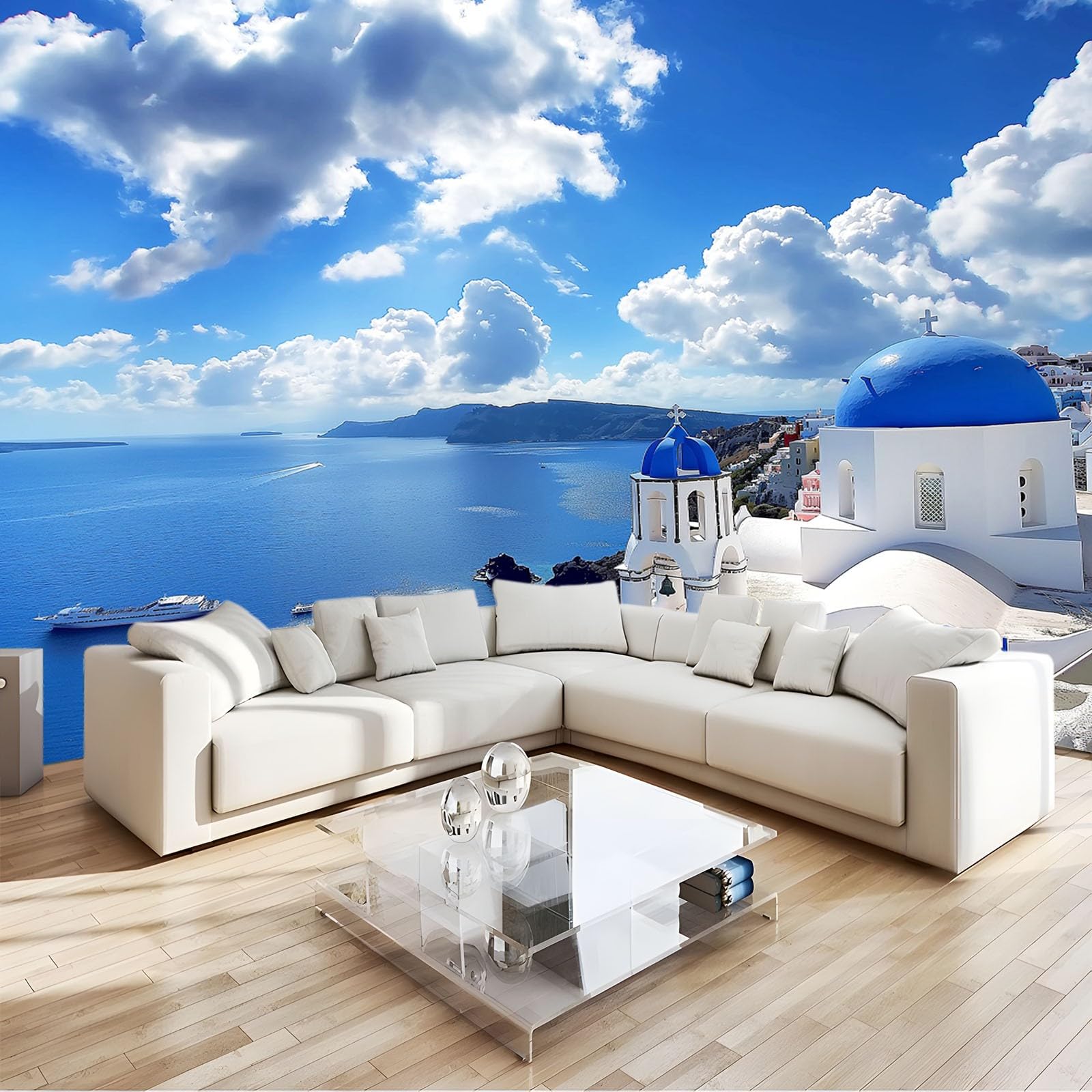 Blu Carta da Parati 3d Paesaggio dell'isola di Santorini in Grecia Fotomurali in TNT Sfondo Murale Moderne Decorazione Soggiorno Camera de Letto Sala Ufficio TV Sfondo 300x210 cm
