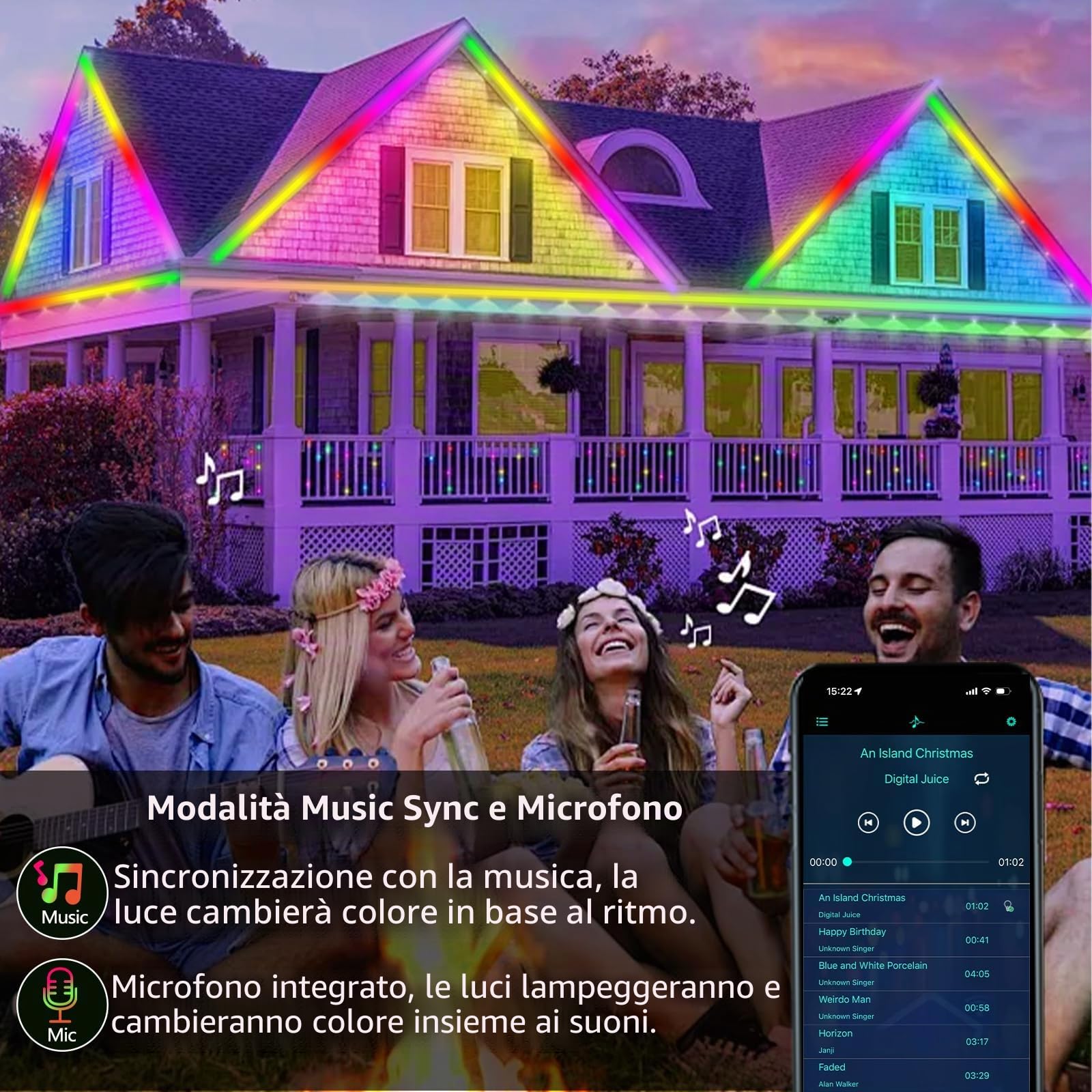 130 piedi (2 rotoli da 65 piedi) Striscia luminosa LED per esterni impermeabile, IP68 RGB+IC Striscia luminosa per esterni con App/telecomando, Modalità Chase, Sincronizzazione con la musica