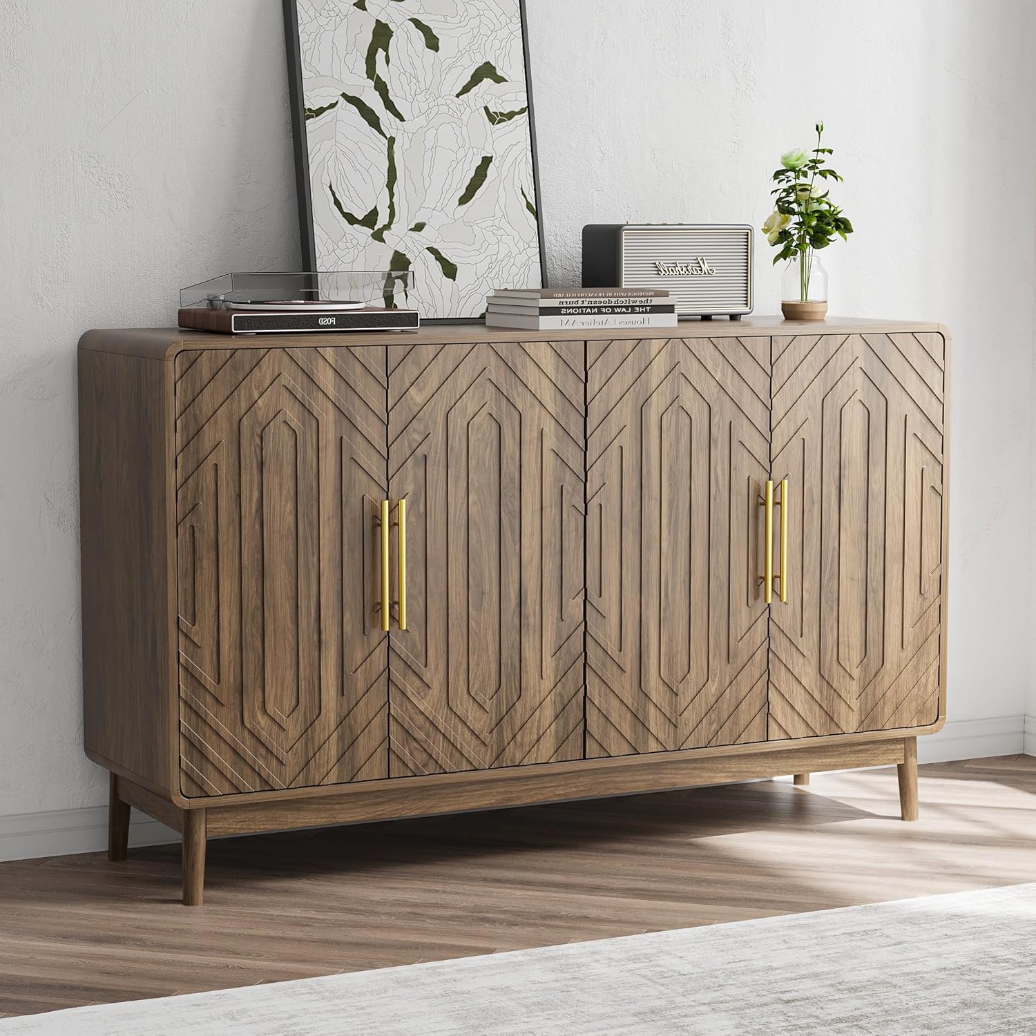 Walnut Carved Four-Door Sideboard with Gold Handles