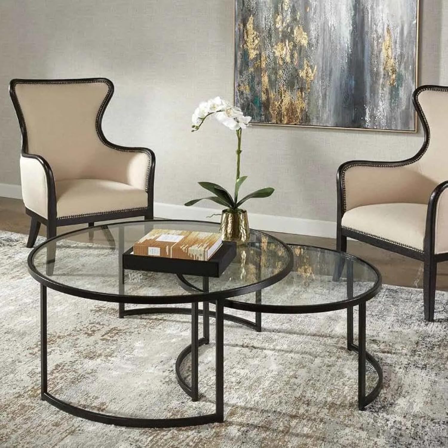 LINGWEI Set of 2pcs Round Coffee Table Round Nesting Table Top Clear Glass with Golde Metal Frame Round Coffee Table Center Peice For Home Office Living Room (Black)