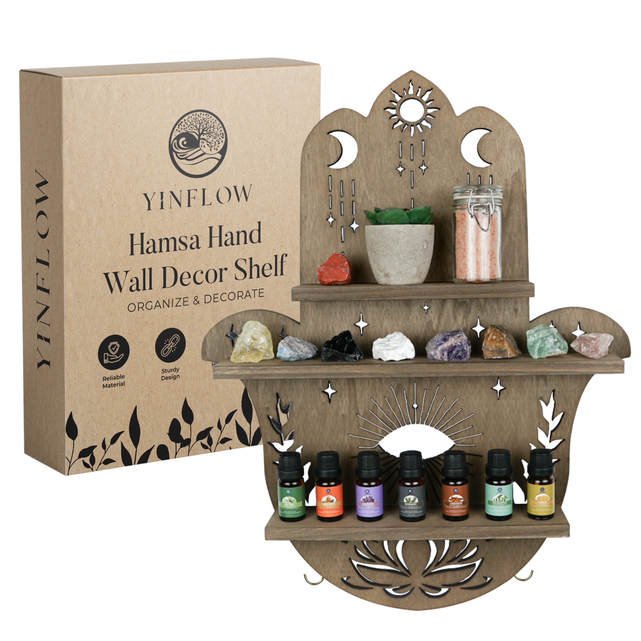 Hamsa Wall Decor Crystal Shelf - Large 20" Wooden Boho Shelf - Crystal Decor – Boho Shelves Crystal Display - Hamsa Wall Decor – Bedroom, Bathroom Living Room Floating Shelf – Spiritual Room Decor