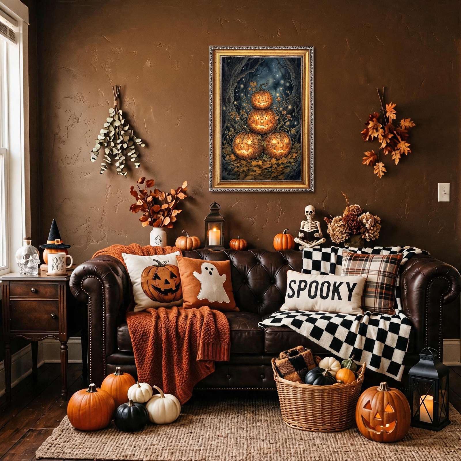 Quadro con stampa su tela raffigurante una zucca intagliata impilata e stra