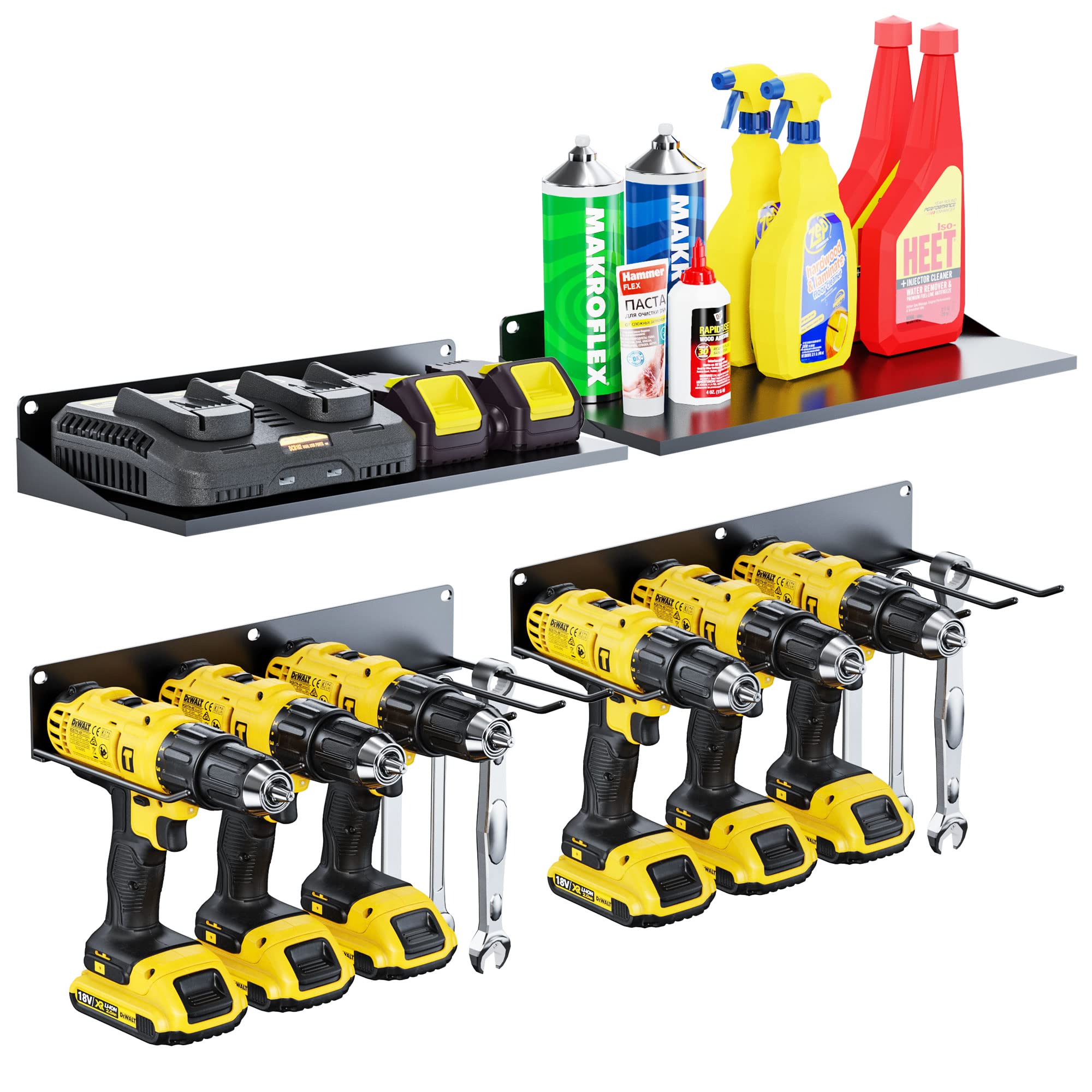 FITKIT4 Drill Holders Wall Mount, Power Tool Storage Rack, Set of 2 Heavy Duty Steel Floating Garage Organization and Storage for Batteries, Tools, Accessories