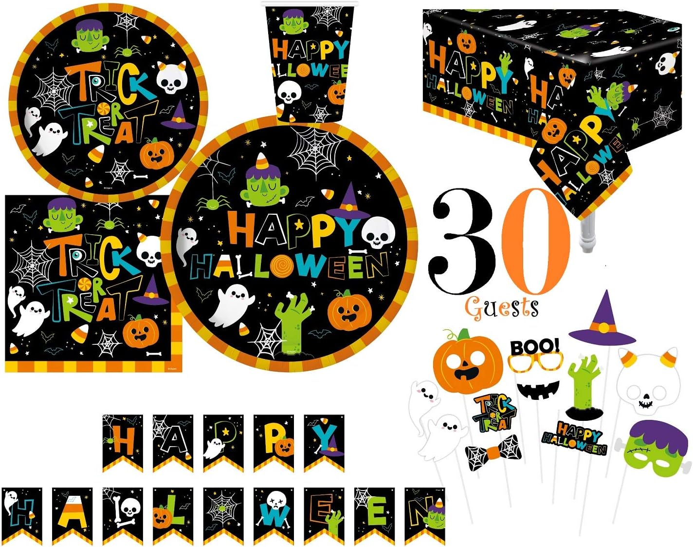 Serves 30 Complete Party Pack Cute Halloween Monsters and Ghosts 9" Dinner Paper Plates 7" Dessert Paper Plates 9 oz Cups 3 Ply Napkins 2 Table Cover Halloween Banner Halloween Party Decorations Halloween Party Supplies : Toys & Games