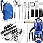 Portable Camping Kitchen Utensil Set-27 Piece Cookware Kit, Stainless Steel Outdoor Cooking and Grilling Utensil Organizer Travel Set Perfect for Travel, Picnics, RVs, Camping, BBQs, Parties and More