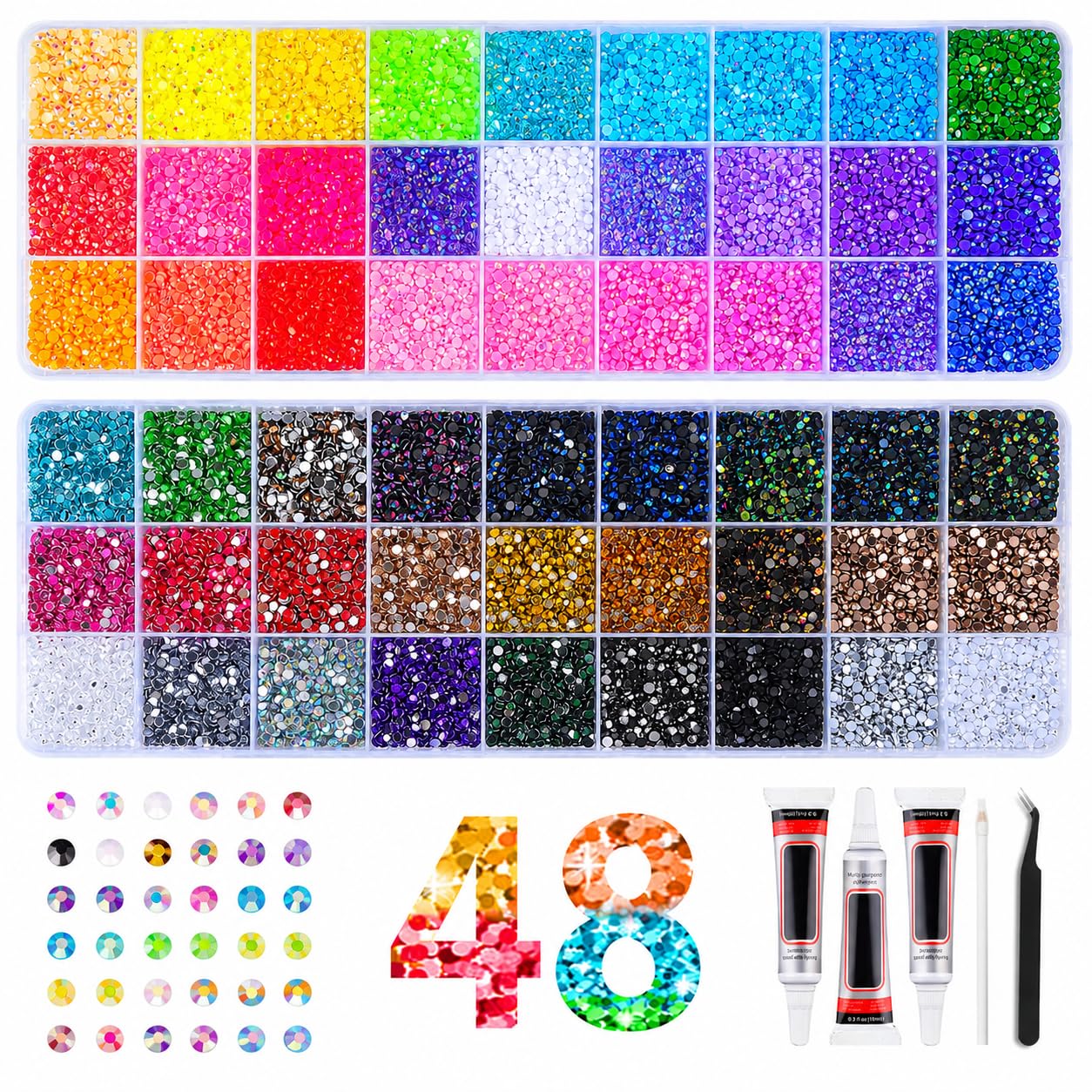 Kit Strass à Coller 48000PCS 48 Couleurs, Bedazzling Kit avec Colle Stylo et Pince, Strass 3 mm Flatback pour Nail Art, Ongles, Vêtements, Chaussures, Tasses et DIY Décoration