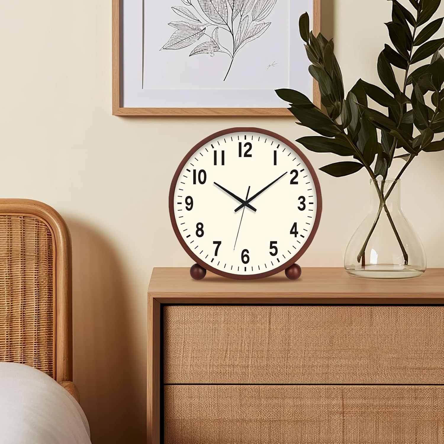 Maxspace Wooden Table Clock,8in Silent Non-Ticking Desk Clock,Battery Operated Desktop Analog Clock for Living Room Bedroom Kitchen Office Classroom Decor (Walnut - Cream Finish)