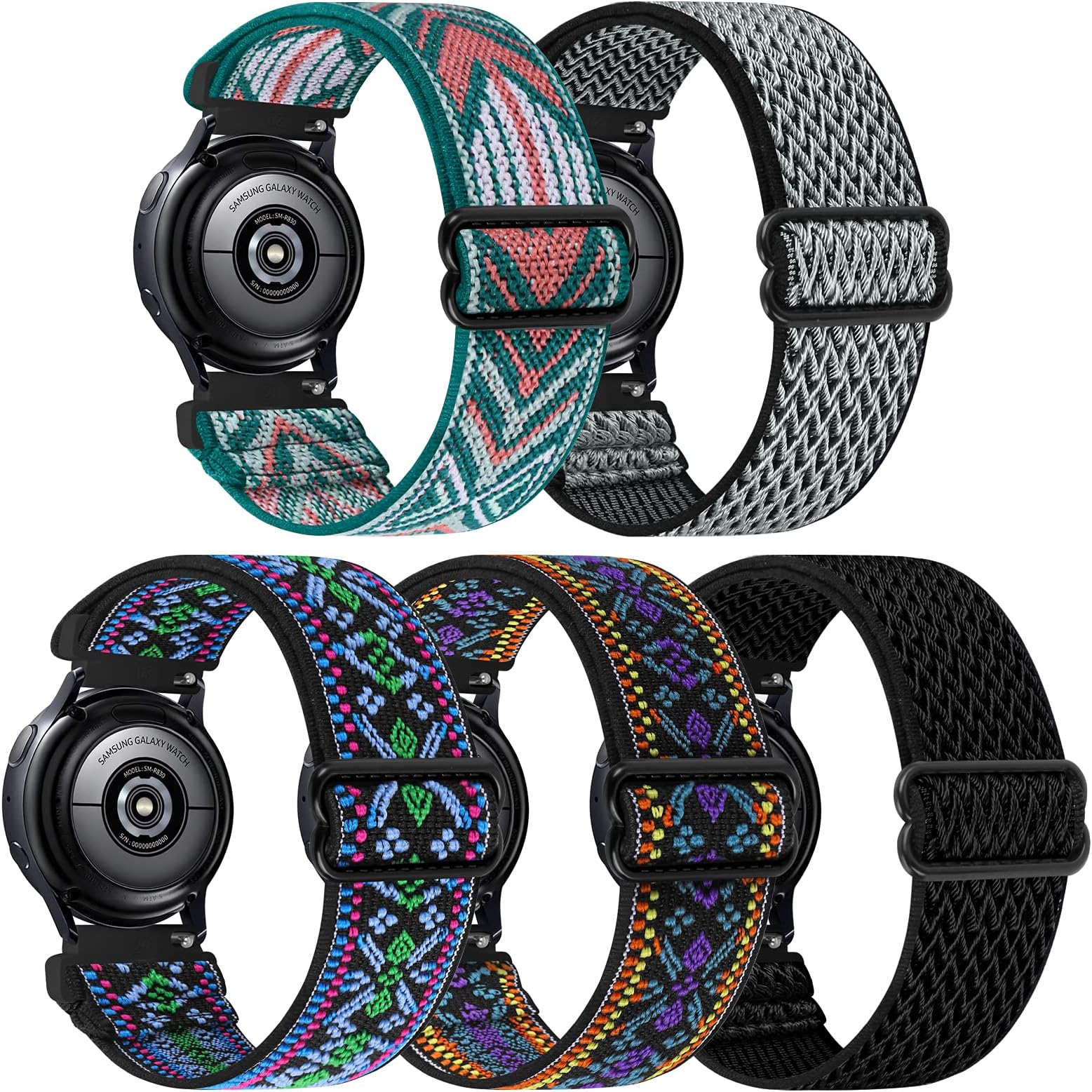 Samsung Galaxy Watch Bands - 5 Pack Stretchy Nylon Compatible with Galaxy Watch Active 2, 3, 4 (40mm, 41mm, 44mm), Gear S2 - Fabric 20mm Wristband
