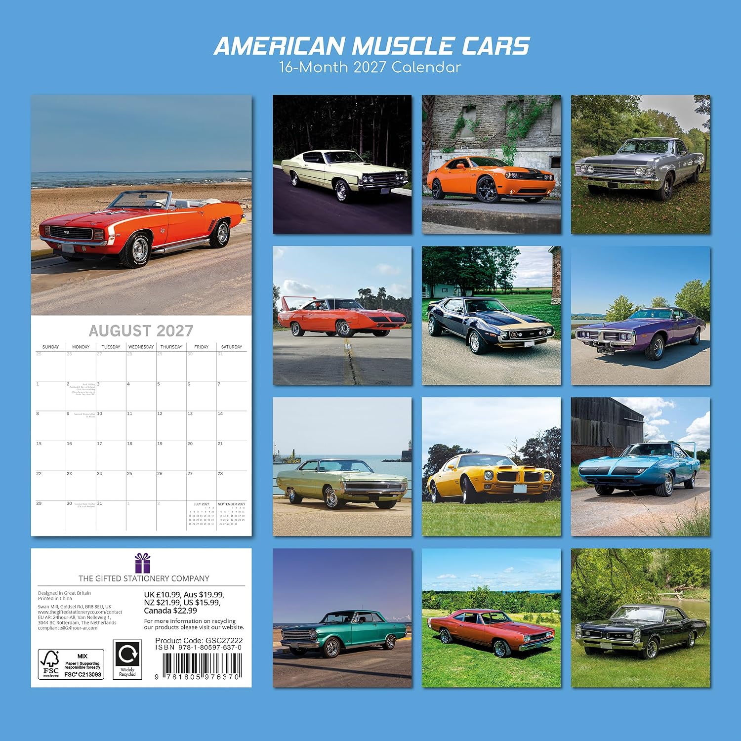 2027 Square Wall Calendar - American Muscle Cars 12 x 12 Inch Monthly View, 16-Month, Transport Theme, Includes 324 Reminder Stickers image 2