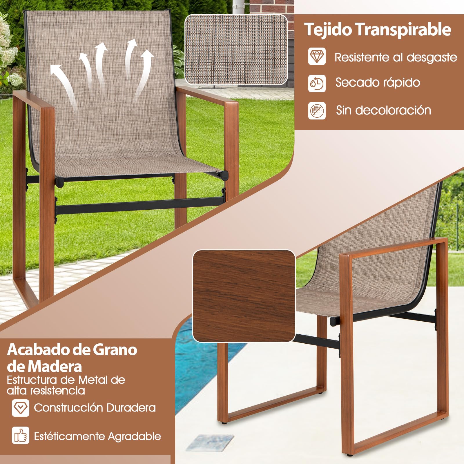 COSTWAY 2 Sillas Jardin Exterior Textilene, Sillas Terraza Exterior Asiento y Respaldo Transpirable, Estructura de Metal, Reposabrazos Anchos, 59 x 55,5 x 86 cm (café)