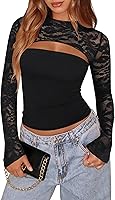 Xuiqx Women's Sexy Y2K Lace Long Sleeve Top - Crew Neck Cutout Double Lined Slim Fit Night Out Shirt