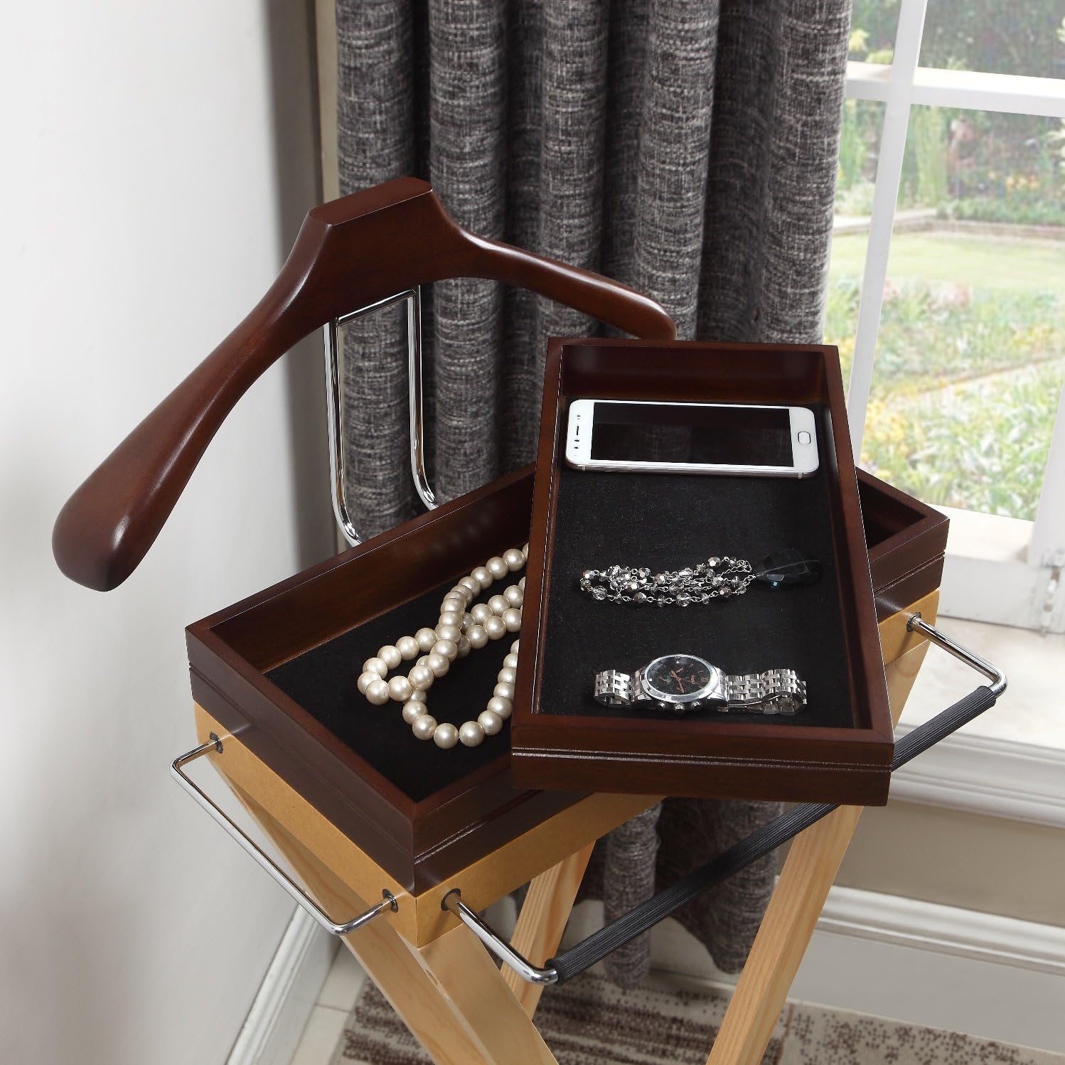 Proman Products Laguna Wooden Valet Stand with Hanger, Two Stackable Trays, Tie Bars, Trouser Bar