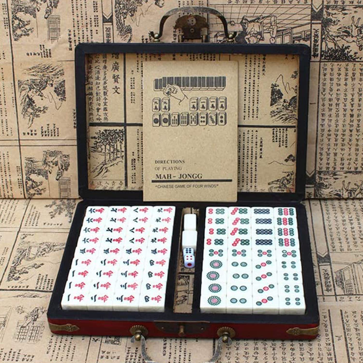 JETAINE Mini Mahjong Cinese Portatile - Set Da 144 Piastrelle In Melamina Con Custodia In PVC E Manico, 2 Dadi E Manuale In Inglese, Ideale Per Viaggi E Feste