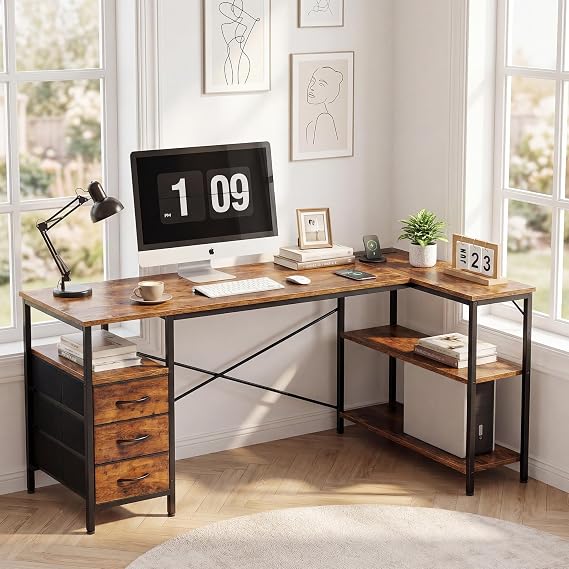 Alpen L Shaped Computer Desk, 47.2 Inch Corner Desk with Drawers and Power Outlets, Home Office Desk for Gaming, Study Writing PC Table with Storage and Reversible Shelf, Rustic Brown