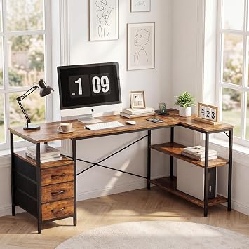 Alpen L Shaped Computer Desk, 47.2 Inch Corner Desk with Drawers and Power Outlets, Home Office Desk for Gaming, Study Writing PC Table with Storage and Reversible Shelf, Rustic Brown
